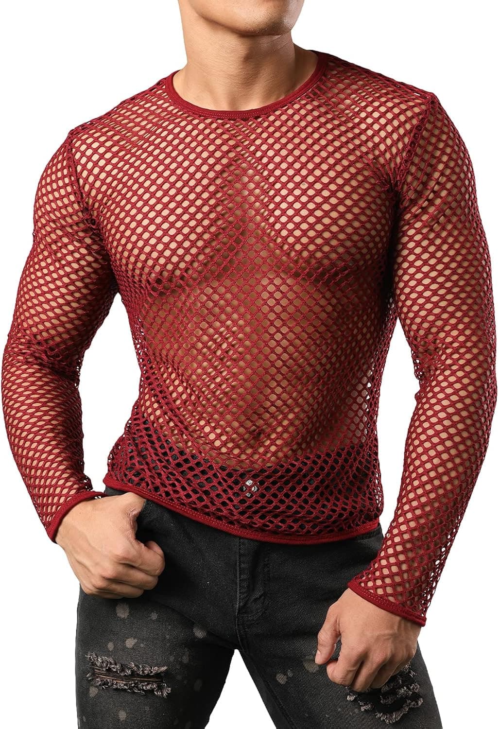 JOGAL Men's Mesh Fishnet Fitted Long Sleeve Muscle Top