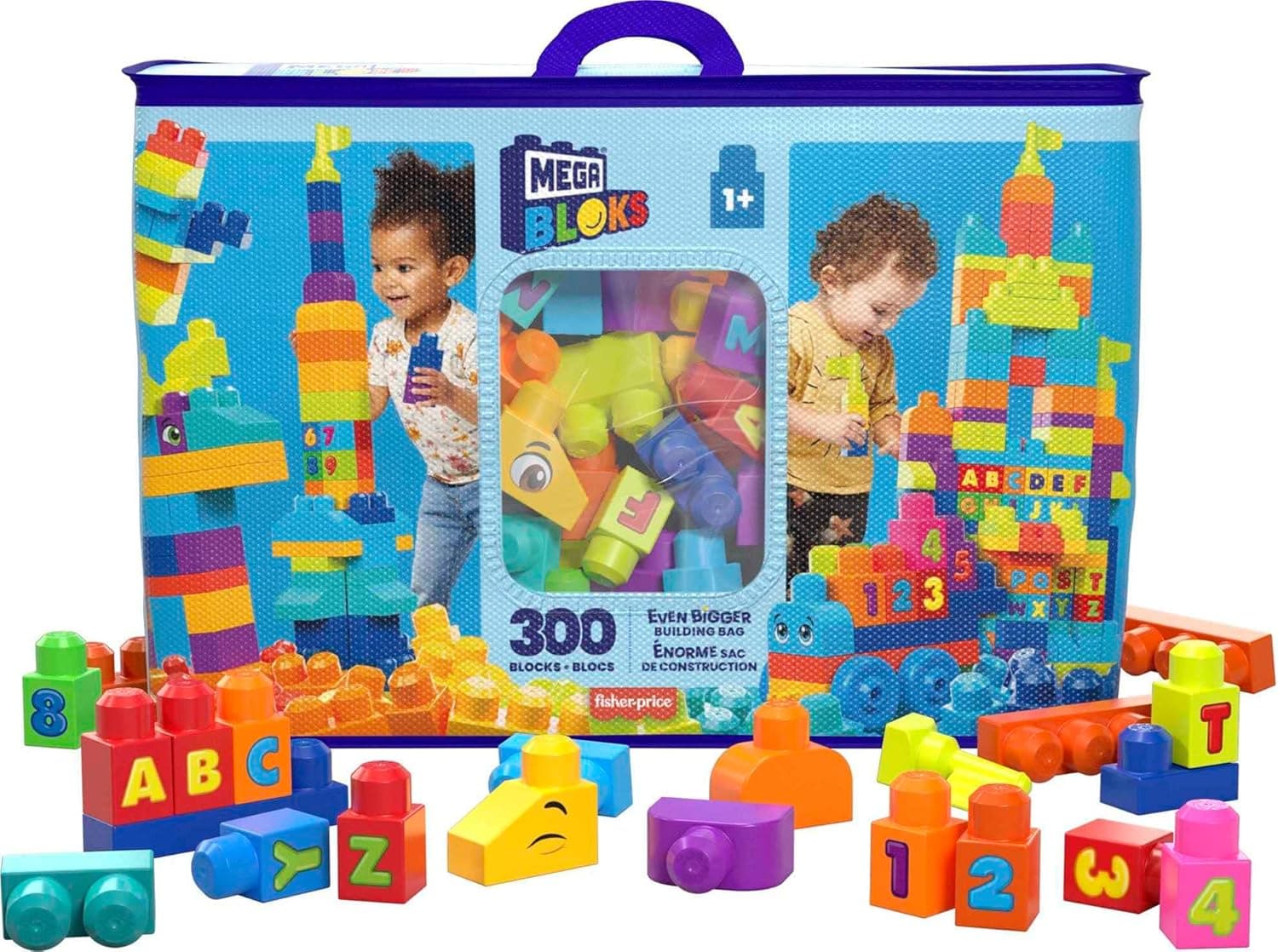 Mega BLOKS Fisher Price Toddler Block Toys, Even Bigger Building Bag with 300 Pieces and Storage Bag, Gift Ideas for Kids Age 1+ Years