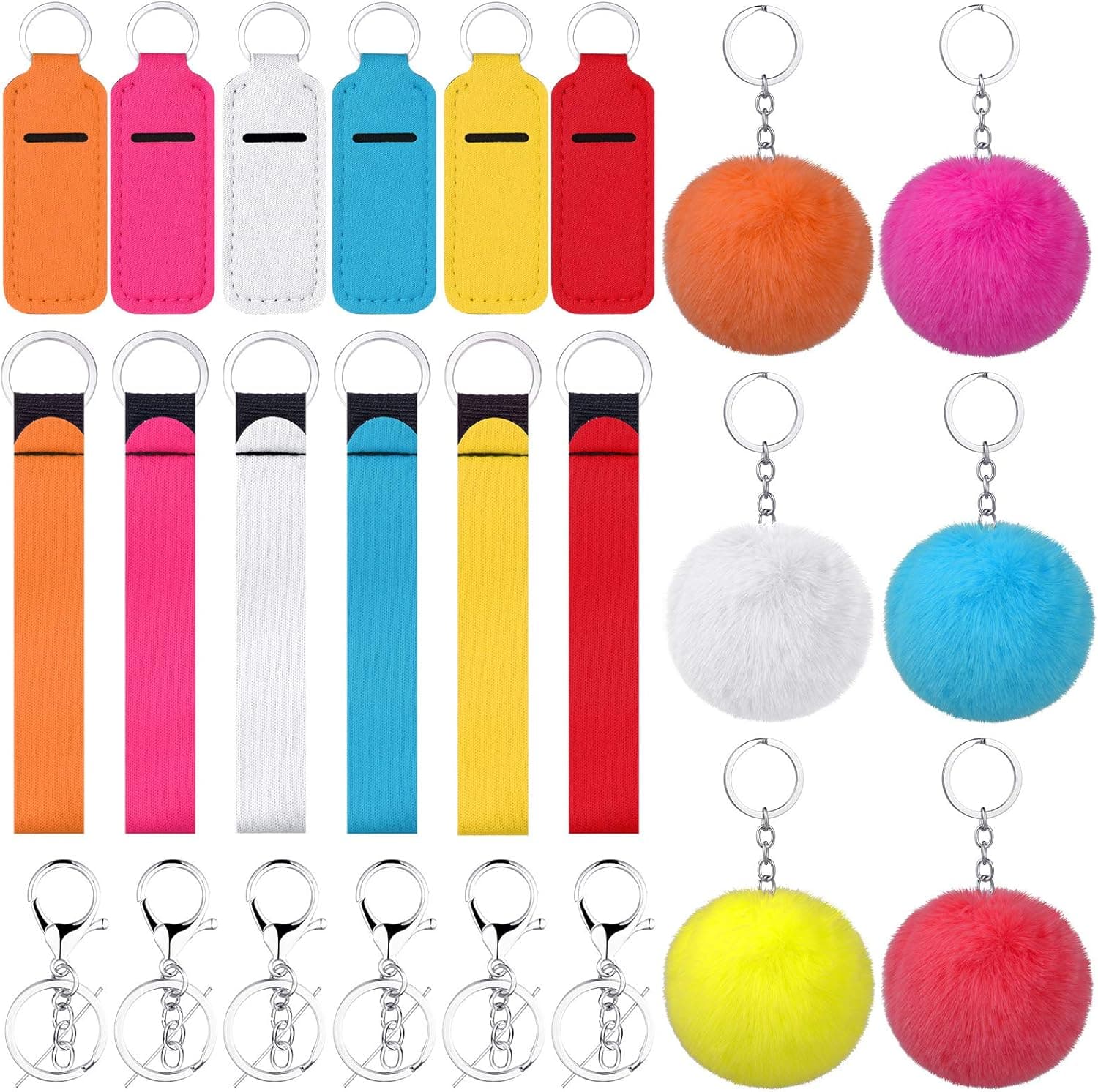 24 Pieces lipstick Holder Keychains and Wristlet Keychain Lanyard and Pom Pom Keychain and Metal Clip Keychains for Lipstick, lipstick Tracker and Organizer, 6 Vibrant Colors