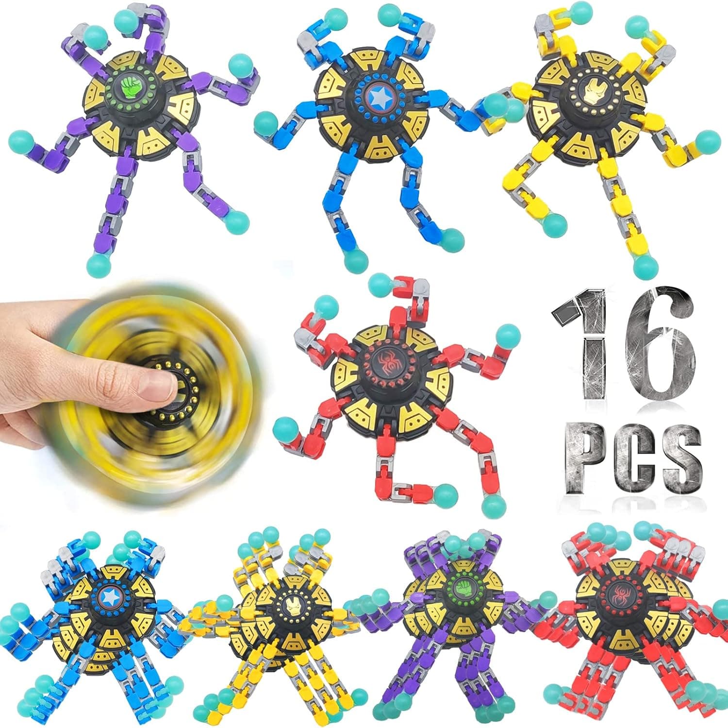 16 Pack Fidget Spinners Sensory Toys,DIY Deformable Chain Fingertip Stress Relief Gyro Treasure Box Toys Classroom Prizes,Pinata Goodie Bag Stuffers Birthday Gifts Party Favors for Kids Teens Adults