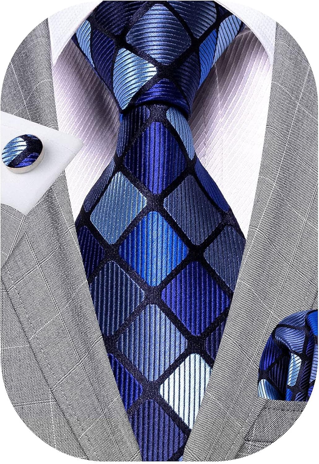 YOHOWA Men Plaid/Striped Ties Set Silk Business Wedding Formal Fashion Necktie and Pocket Square Cufflinks Set