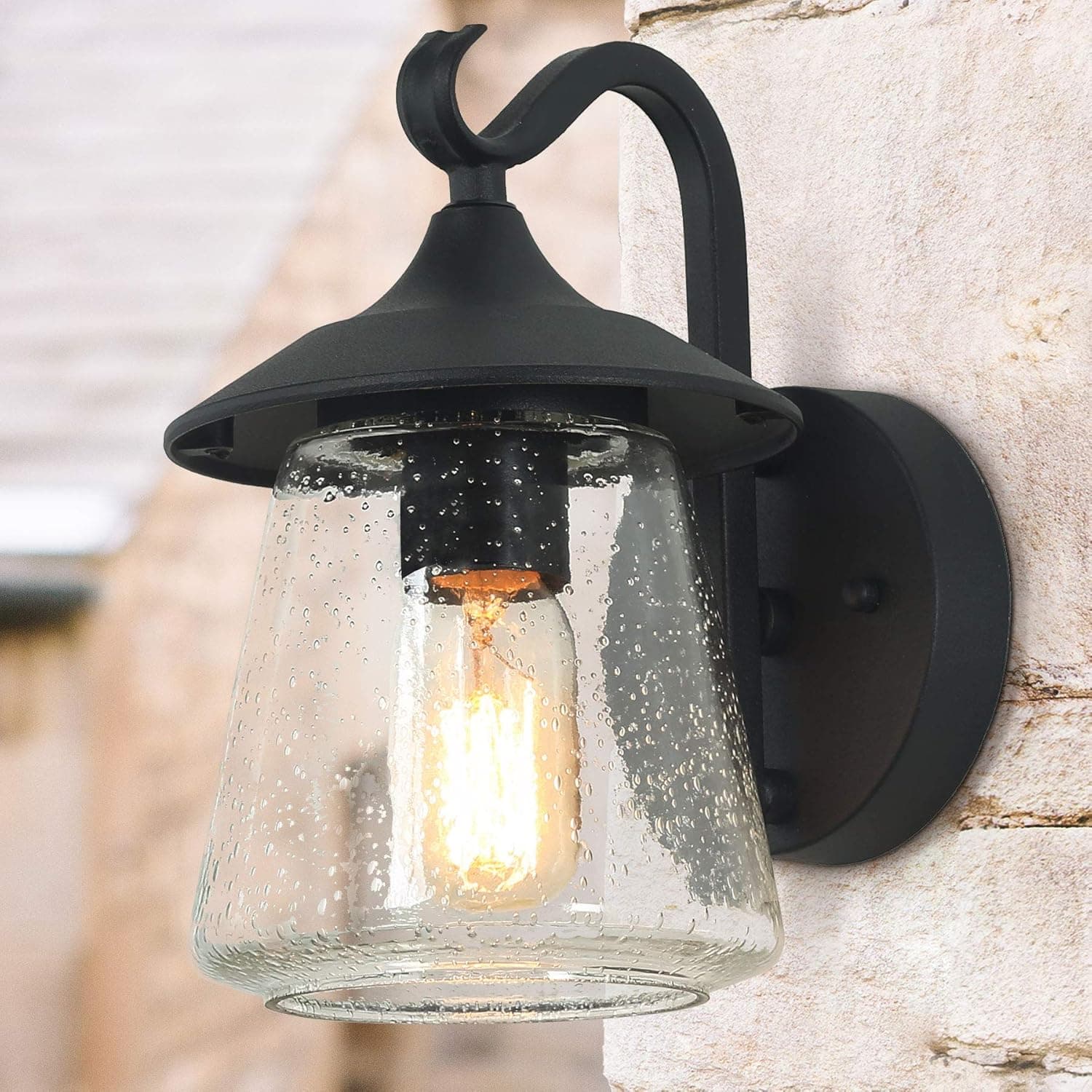 LOG BARN Outdoor Wall Light,Farmhouse Exterior Lantern in Black with Seeded Glass for Porch Barn A03356, 1-Light Light