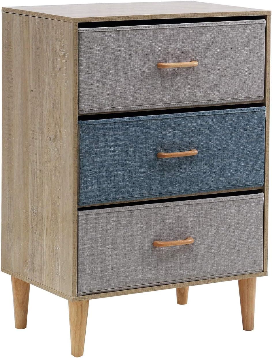 HOME BI Storage Cabinet Three Drawer TV Cabinet Nightstand Dresser, Wood Organizer for Home or Office Bedside Cabinet, Gray & Blue