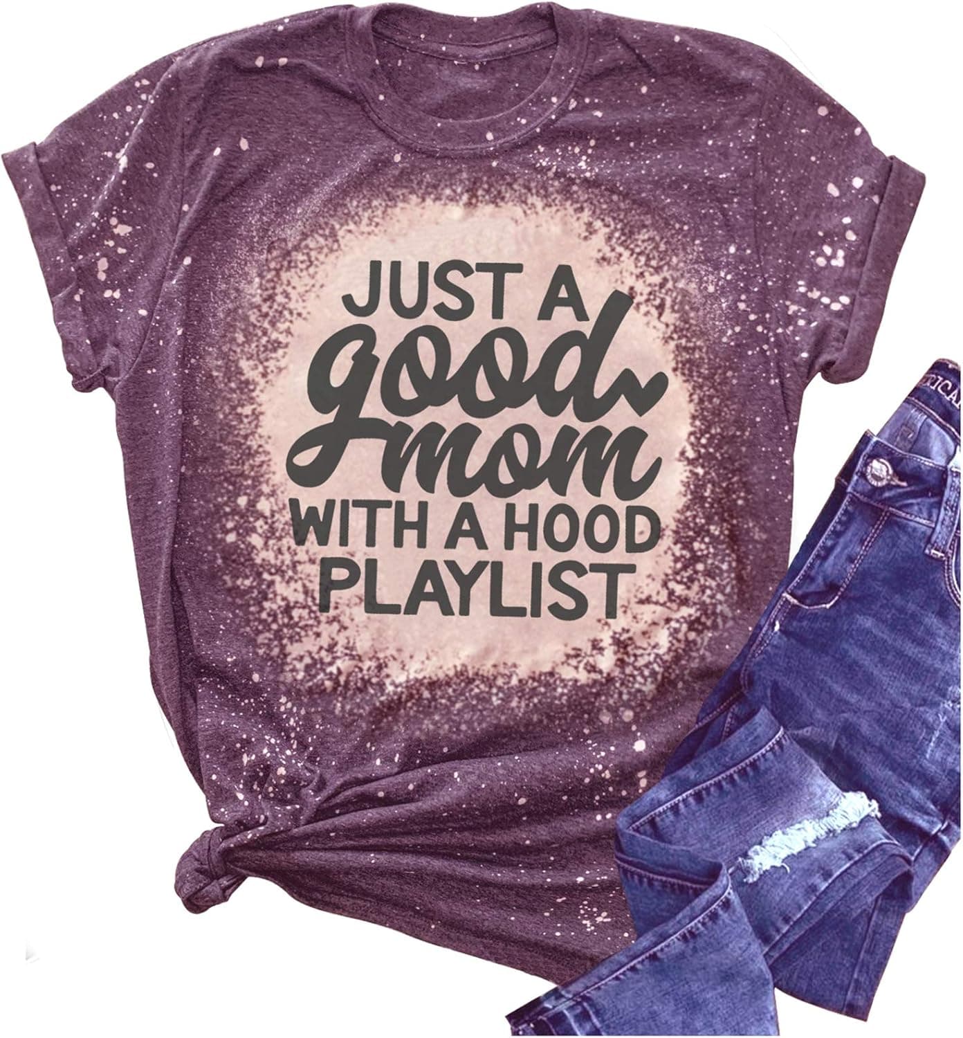 Just A Good Mom with A Hood Playlist Vintage Bleached T Shirts for Women Mom Life Funny Graphic Bleach Tees Shirt Tops