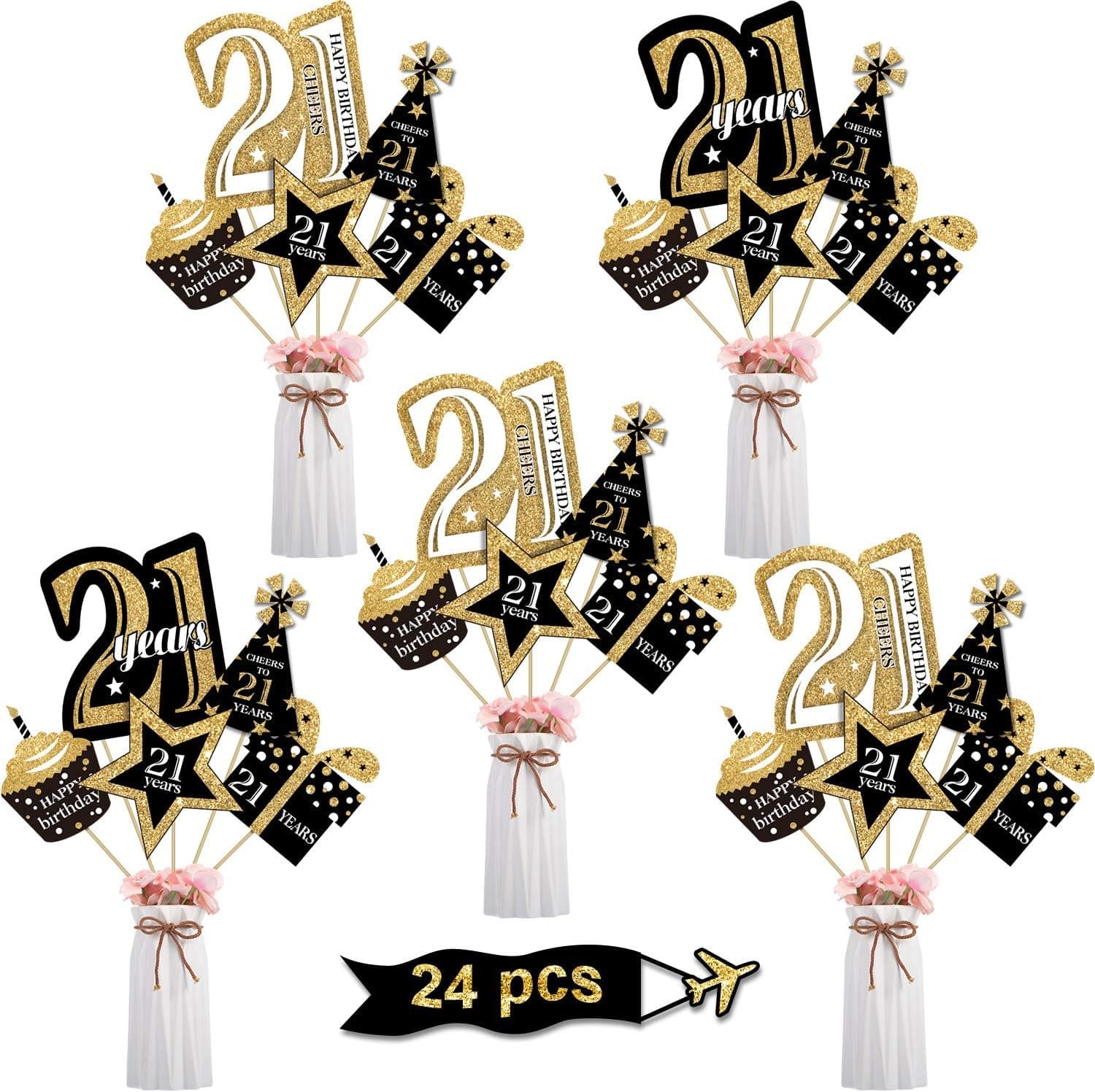Blulu Birthday Party Decoration Set Golden Birthday Party Centerpiece Sticks Glitter Table Toppers Party Supplies, 24 Pack (21th Birthday)