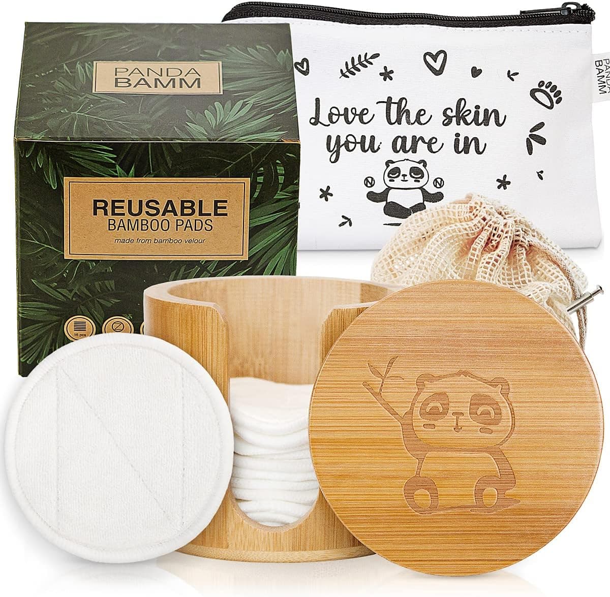 Panda Bamm- Reusable Makeup Remover Pads Multi-pack, 16 pcs - Zero Waste Reusable Cotton Rounds, Bamboo Storage Jar for Reusable Cotton Pads, Eco Friendly Travel Bag, Laundry Bag