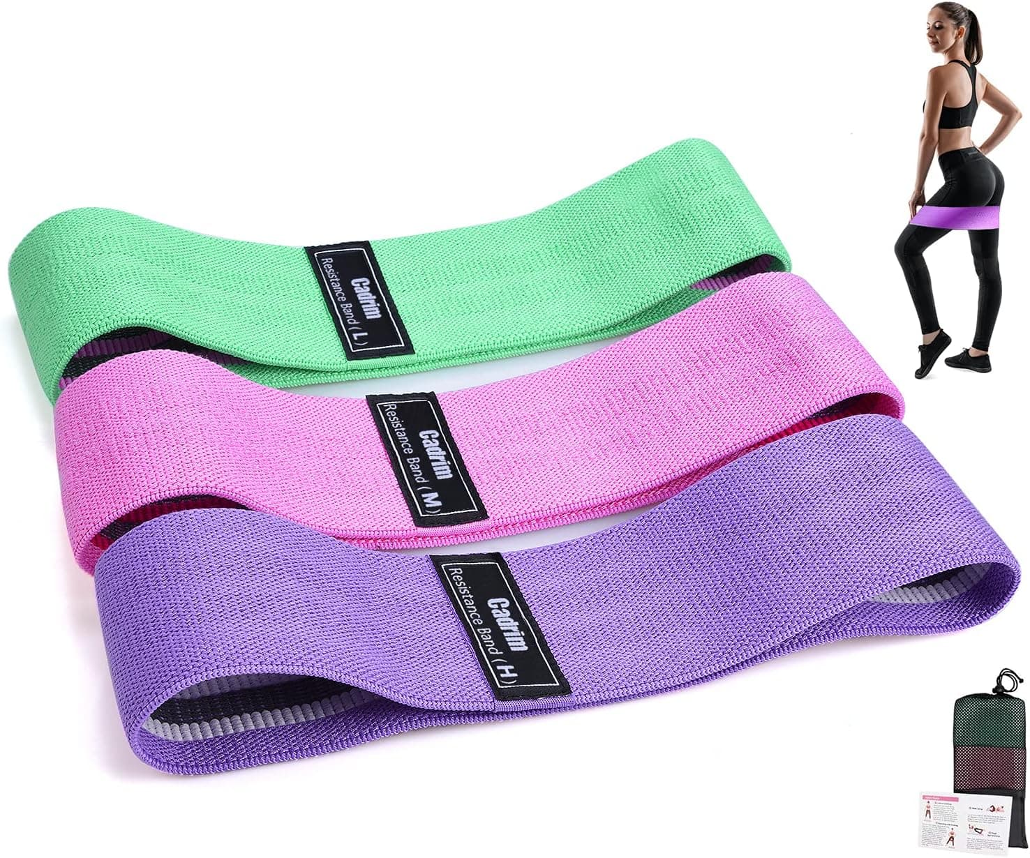 Cadrim Resistance Bands for Booty and Legs, Non-Slip and No Rolling Fabric Workout Bands, Sturdy Resistant Loops for Squat Glute Hip Training (Same Size for Different Intensities, Pack of 3)