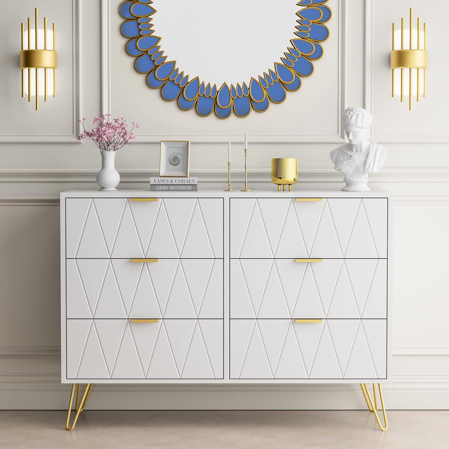 ANBUY 6 Drawer Double Dresser, Dual Chest of Drawers Modern Dresser for Bedroom with Gold Handles (White)