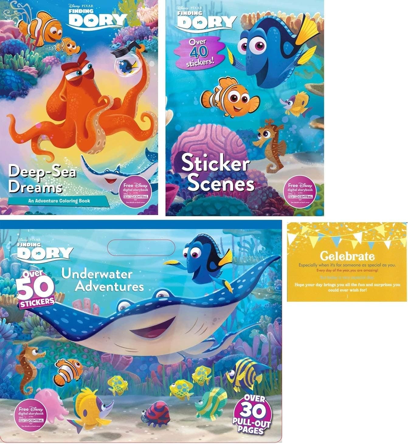 Disney Finding Dory Coloring Experience Bundle, 3 Finding Dory Coloring Books (Sticker Scenes, Deep - Sea Dreams Coloring Bookand Coloring Pad) and "Celebrate" Post Card