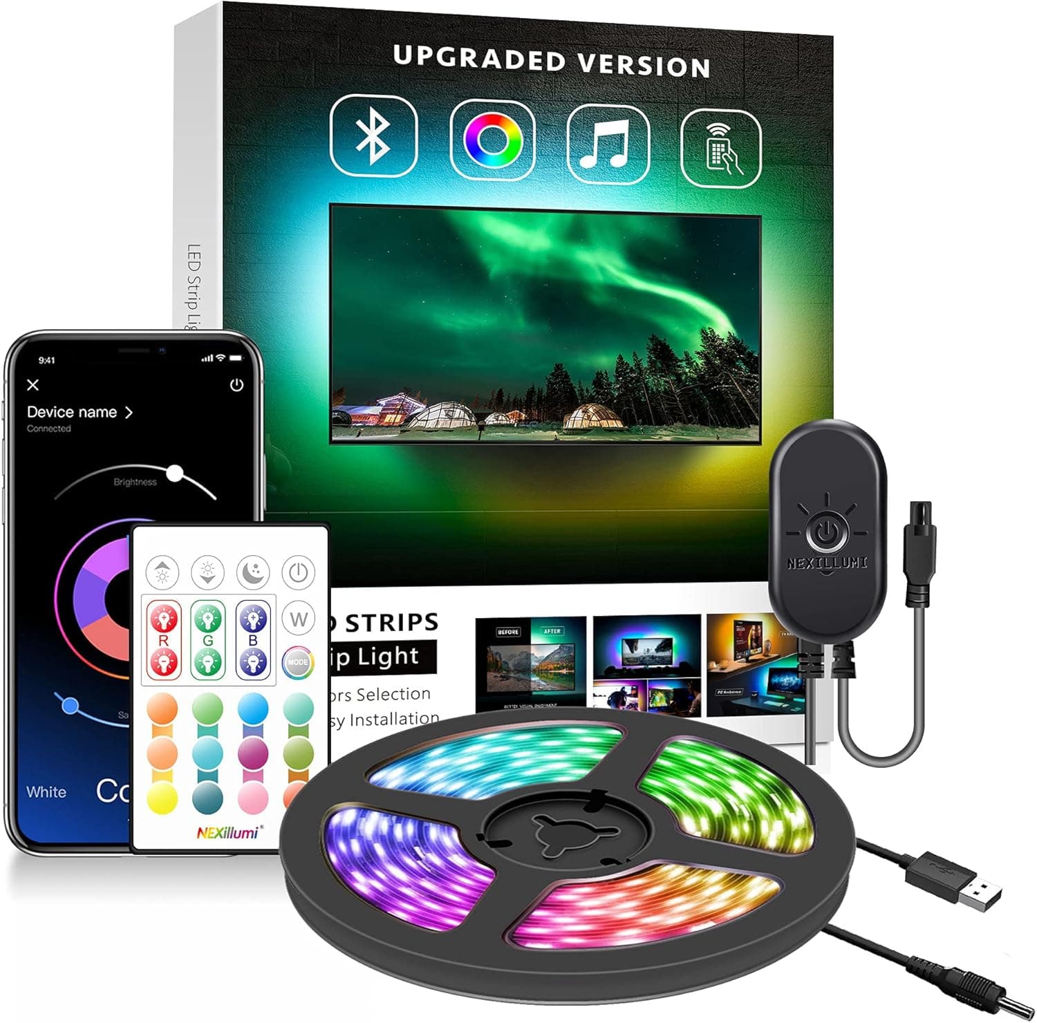 Nexillumi LED Strip Lights 6.56ft TV LED Backlight for 24 Inch-60 Inch TV RGB LED Strip USB Powered, APP Control Sync to Music, Bias Lighting, 5050 RGB for Mirror, PC, Android iOS
