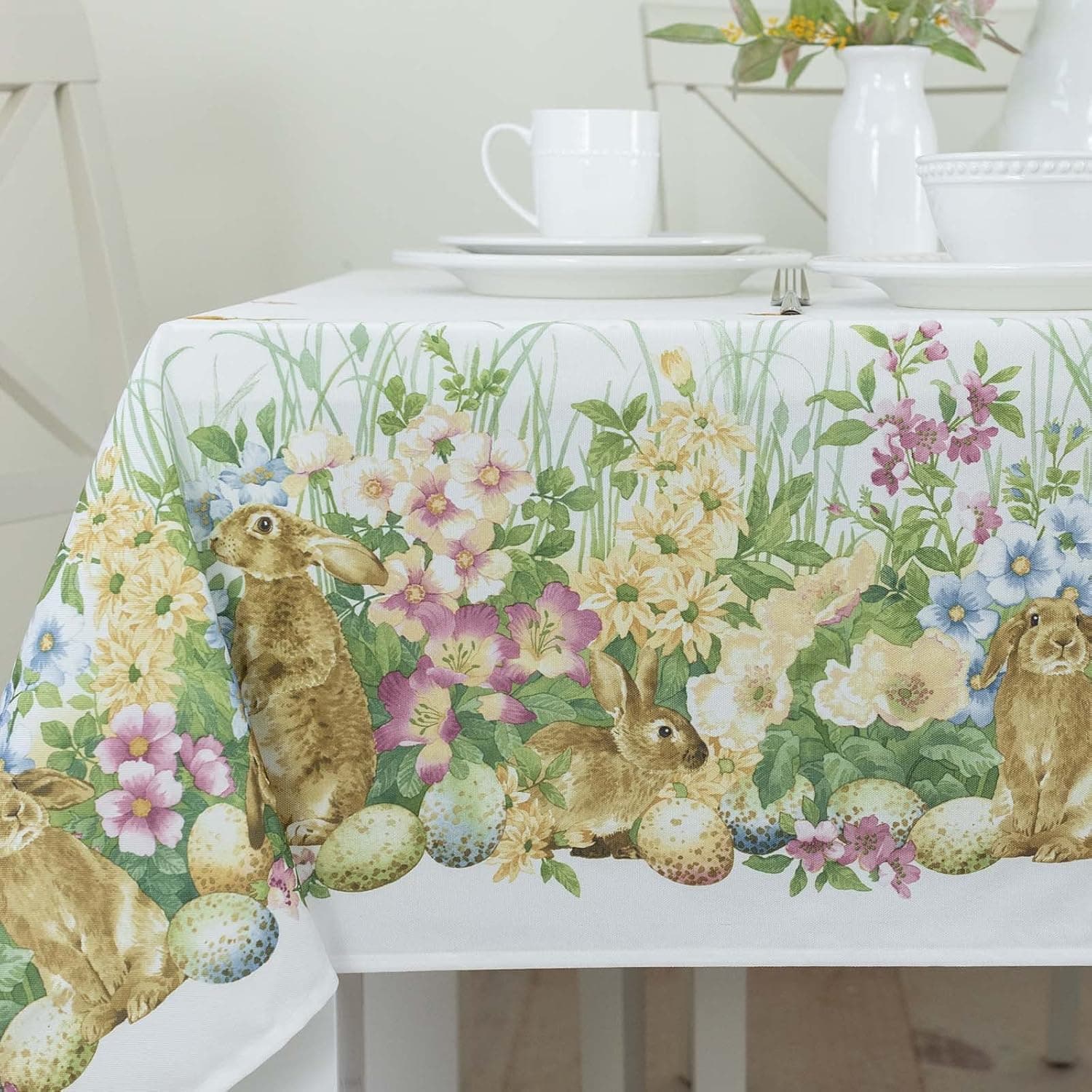 Benson Mills Blooming Bunnies Fabric Easter Tablecloth, Spillproof Indoor/Outdoor Spring and Easter Table Cloth (Blooming Bunnies, 60" X 84" Rectangular)