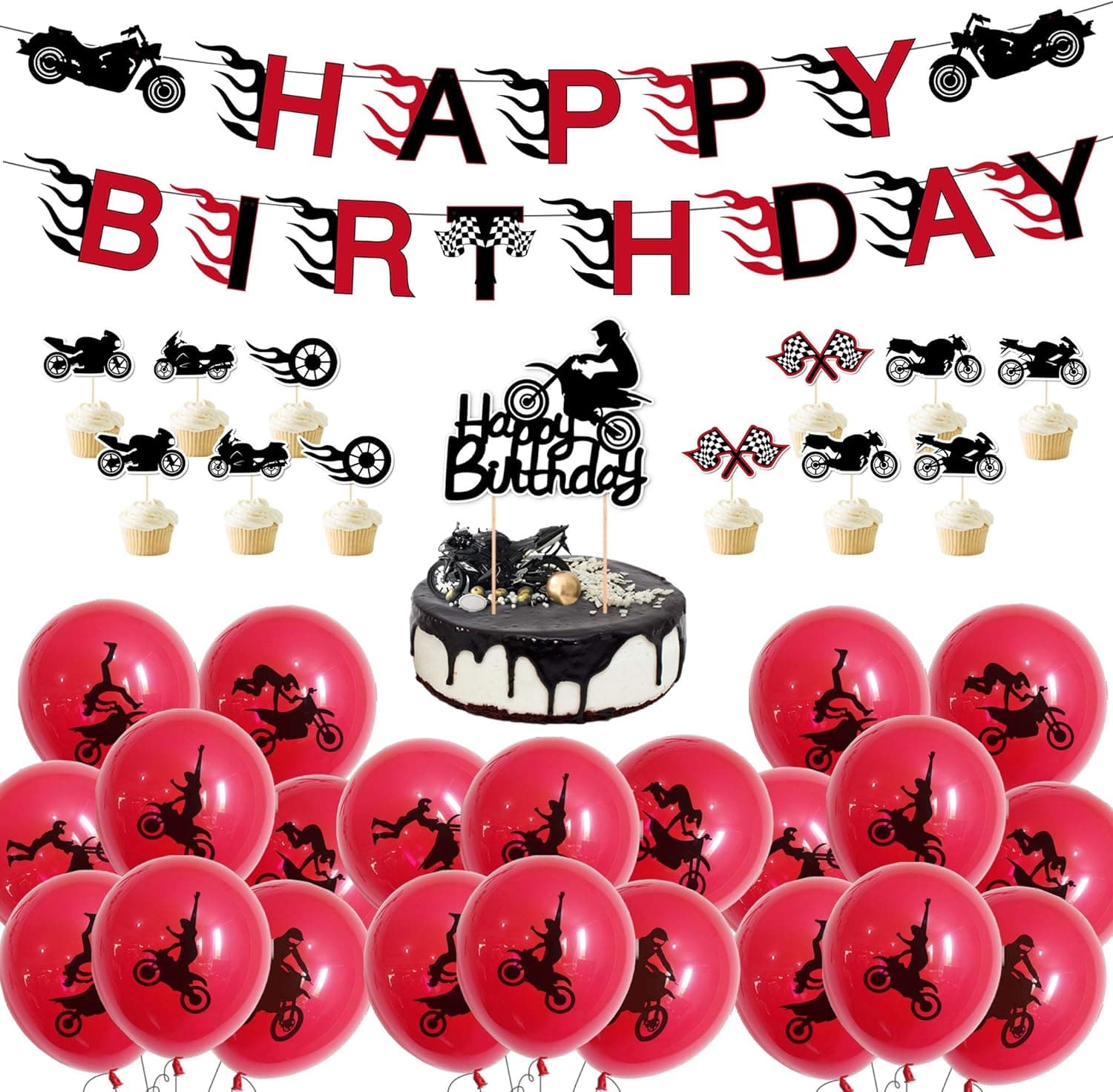 Motorcycle Theme Party Supplies Happy Birthday Banner - 24pcs Motorcycle Scooter Cupcake Topper-1pc Cake Toppers - 50pcs Ballons Party Photo Prop Decorations Sign