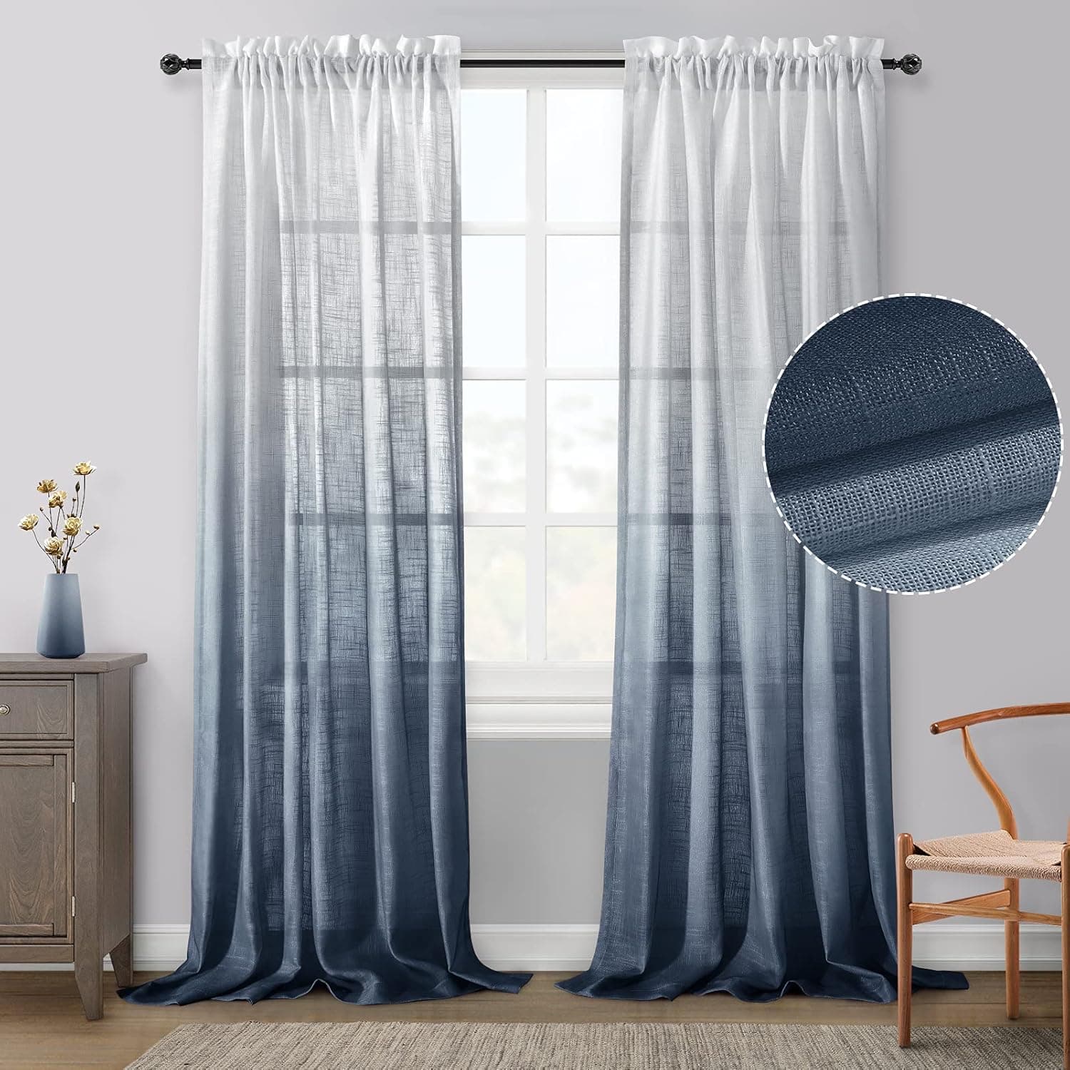 HOMEIDEAS Navy Blue Semi Sheer Ombre Curtains 52 X 96 Inch Length Gradient Linen Textured Pocket Drapes 2 Panels Privacy for Bedroom Living Room Window Curtains
