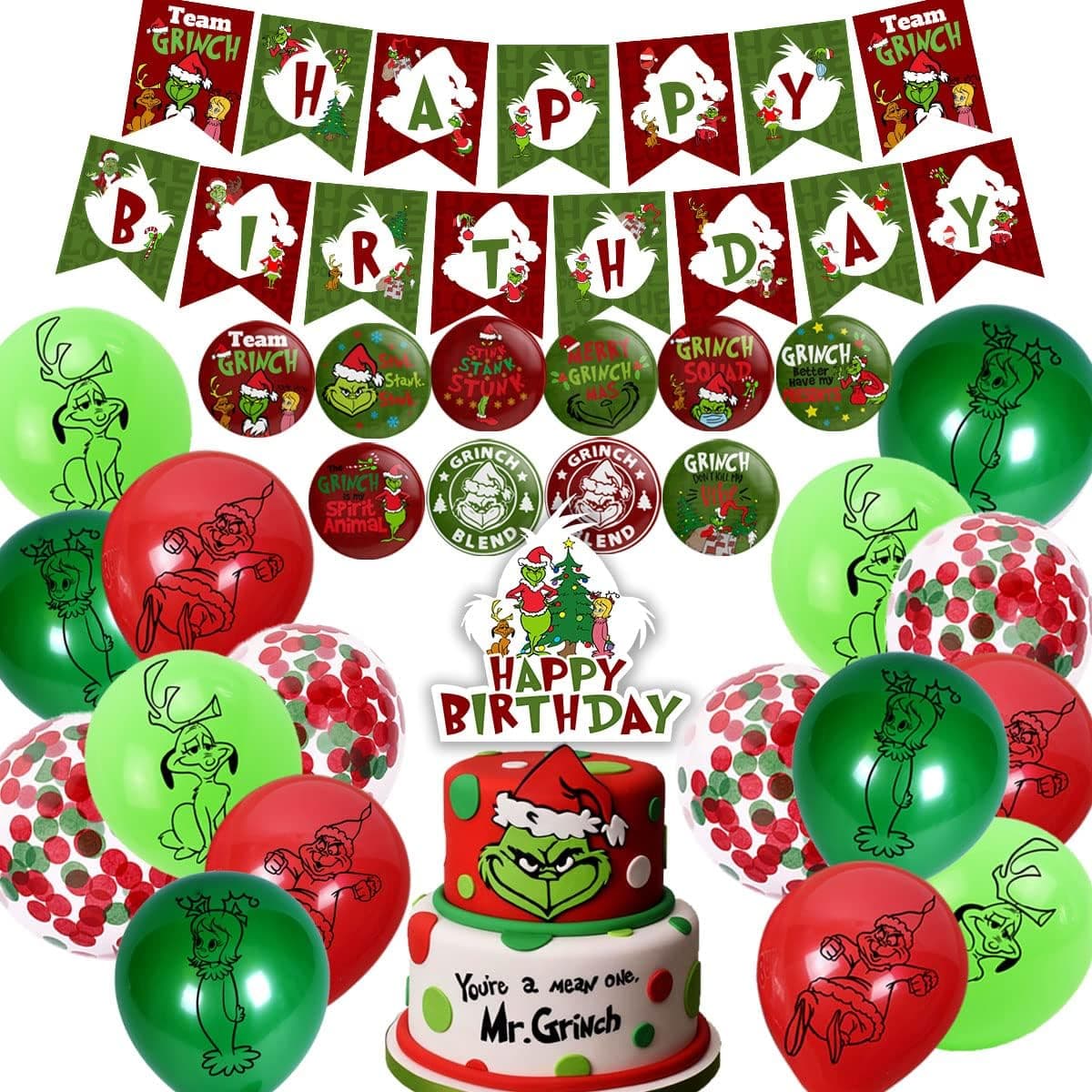 Grinch Christmas Birthday Decoration-Grinch Party Decoration Include Birthday Banner,Grinch Cake Topper,Birthday Button Pins and Latex Balloons for Winter Feast Decoration