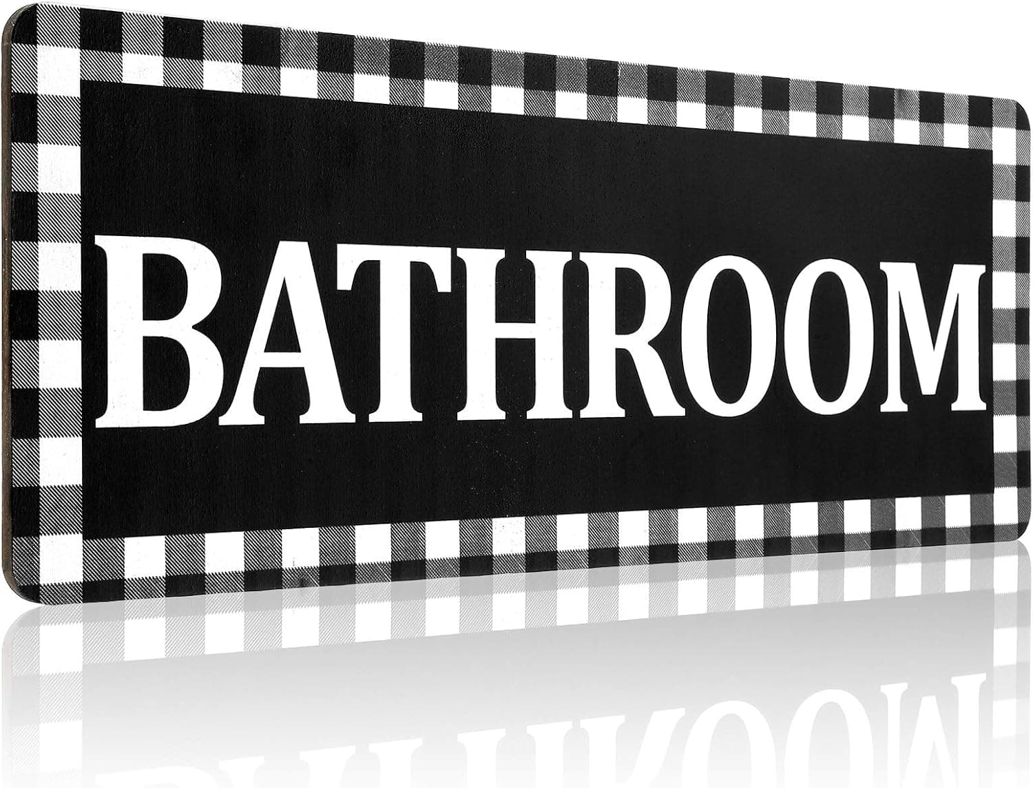 Wooden Bathroom Sign Wall Decor, Rustic Buffalo Plaid Bathroom Wall Sign, Black and White Vintage Farmhouse Style Bathroom Decoration for Bathroom Home Decor (Bathroom)