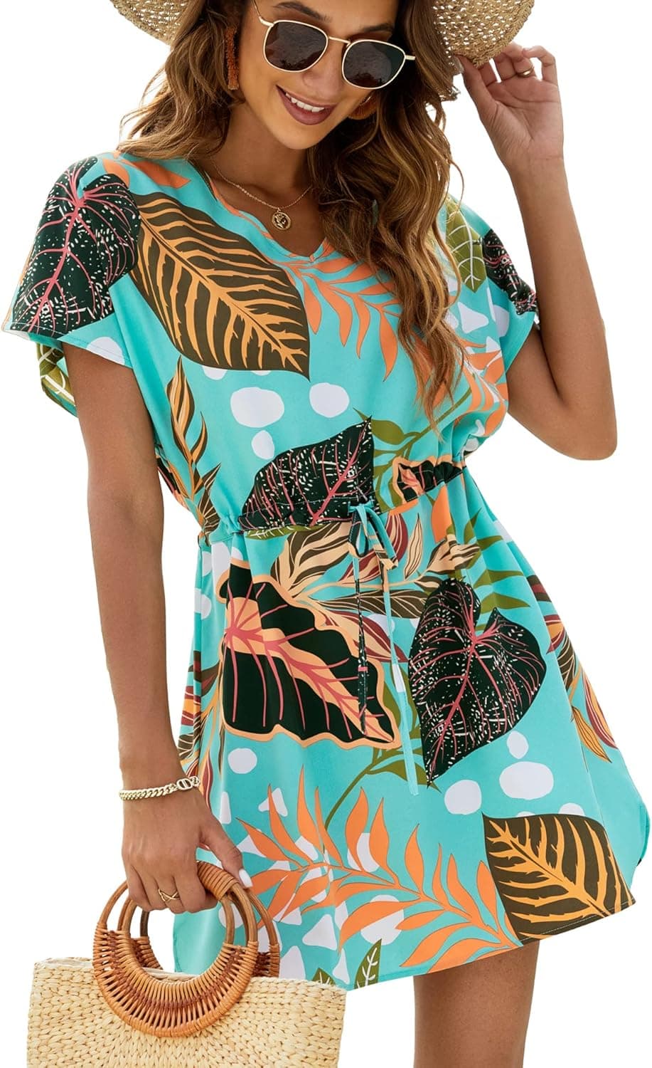 Bluetime Women Casual Sexy Swim Cover up V-Neck Summer Beachwear Coverups Flowy Short Sleeve Mini Beach Dress