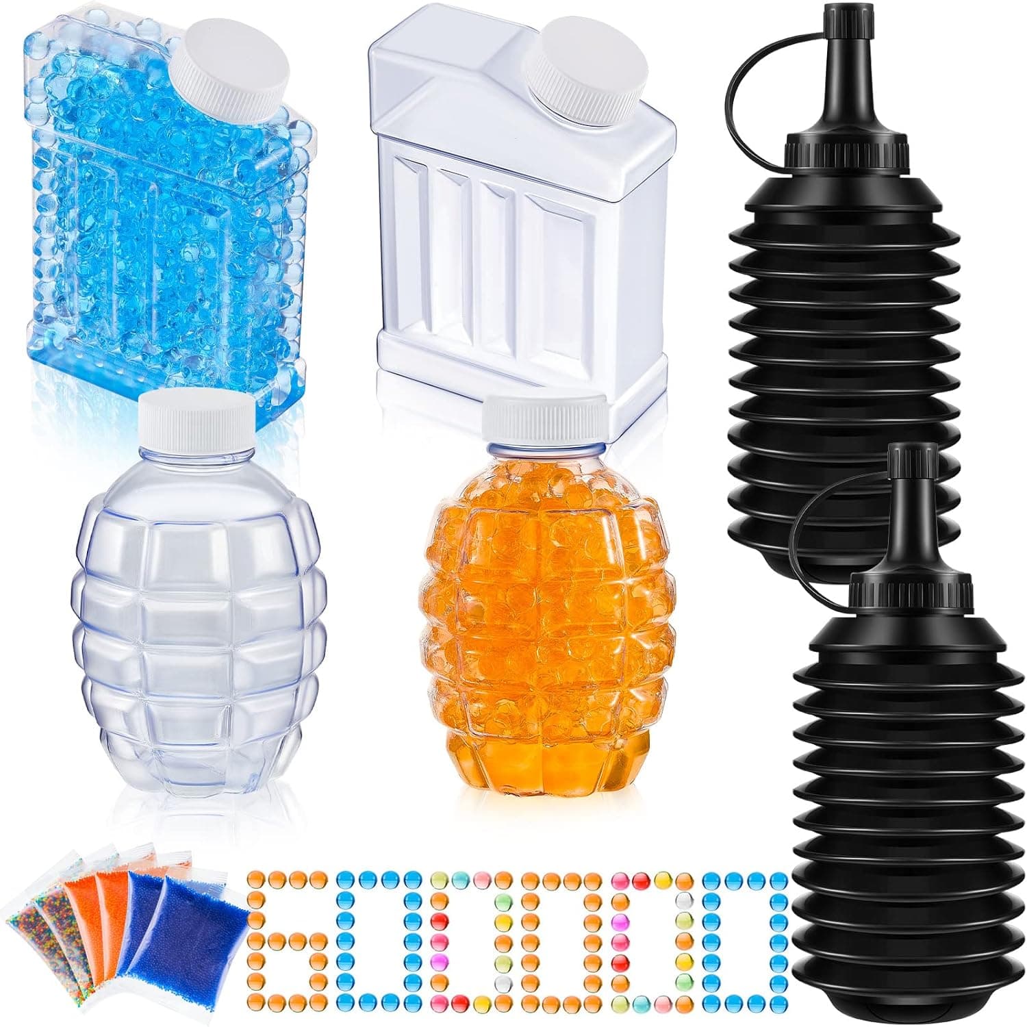 Juexica 12 Pack Gel Ball Blaster Ammo Gun Accessories with Water Gel Bead Quick Loading Subpackage Bottle, Pineapple Bead Storage Bottle and Square Bottle for Gel Ball Blaster Replace Sensory Toys