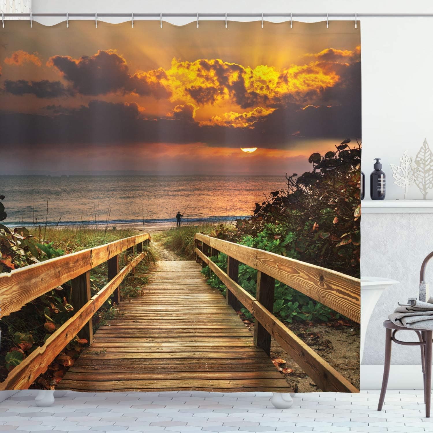 Ambesonne Landscape Shower Curtain, Wooden Pier to The Calm Idyllic Beach with Herbs and Bushes at Sunset Calm Sea, Cloth Fabric Bathroom Decor Set with Hooks, 69" W x 70" L, Orange