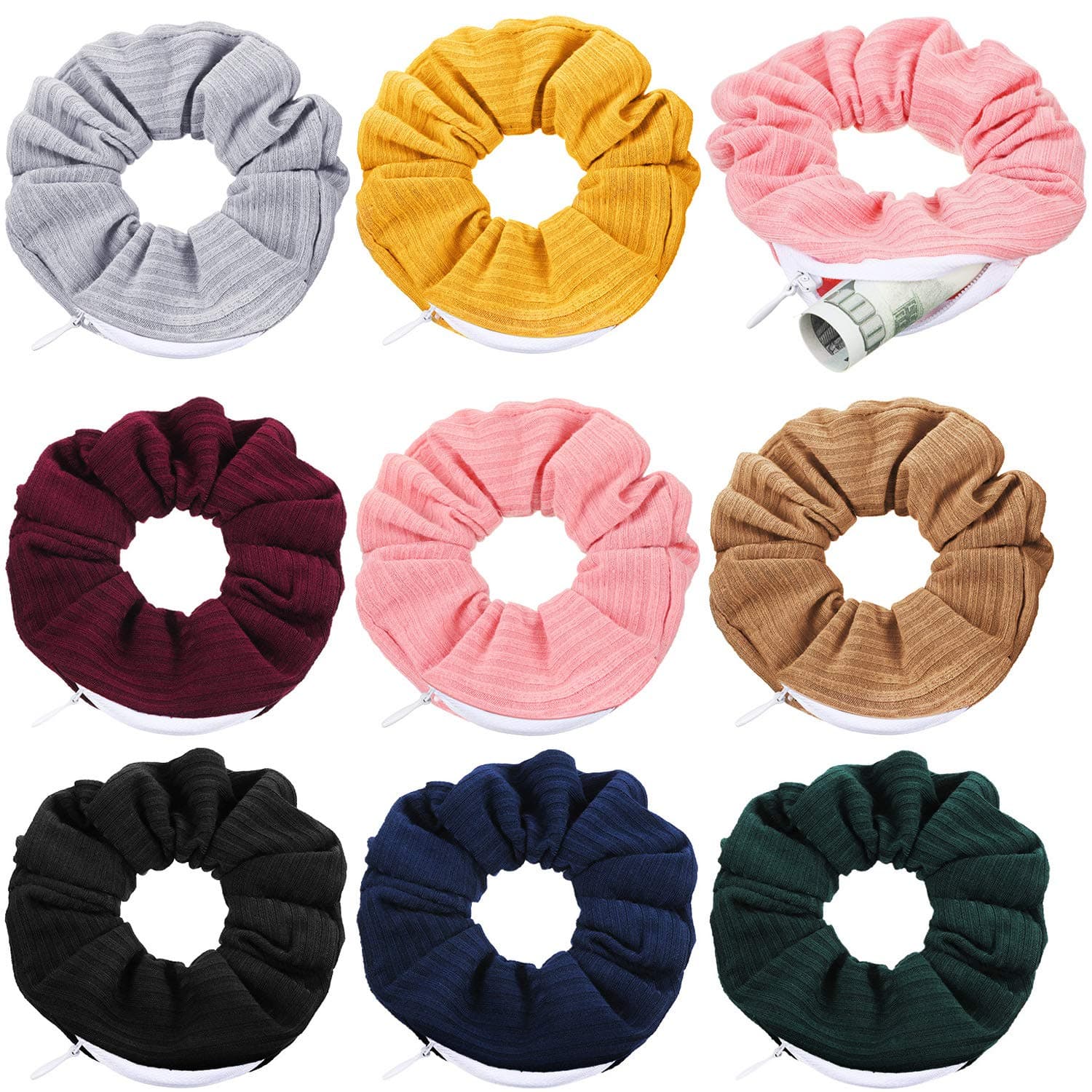 8 Pieces Pocket Hair Scrunchies Hidden Pocket Hair Ties Elastic Cotton Zipper Scrunchies with Zipper Pocket Storage for Women Girls Hair Accessories