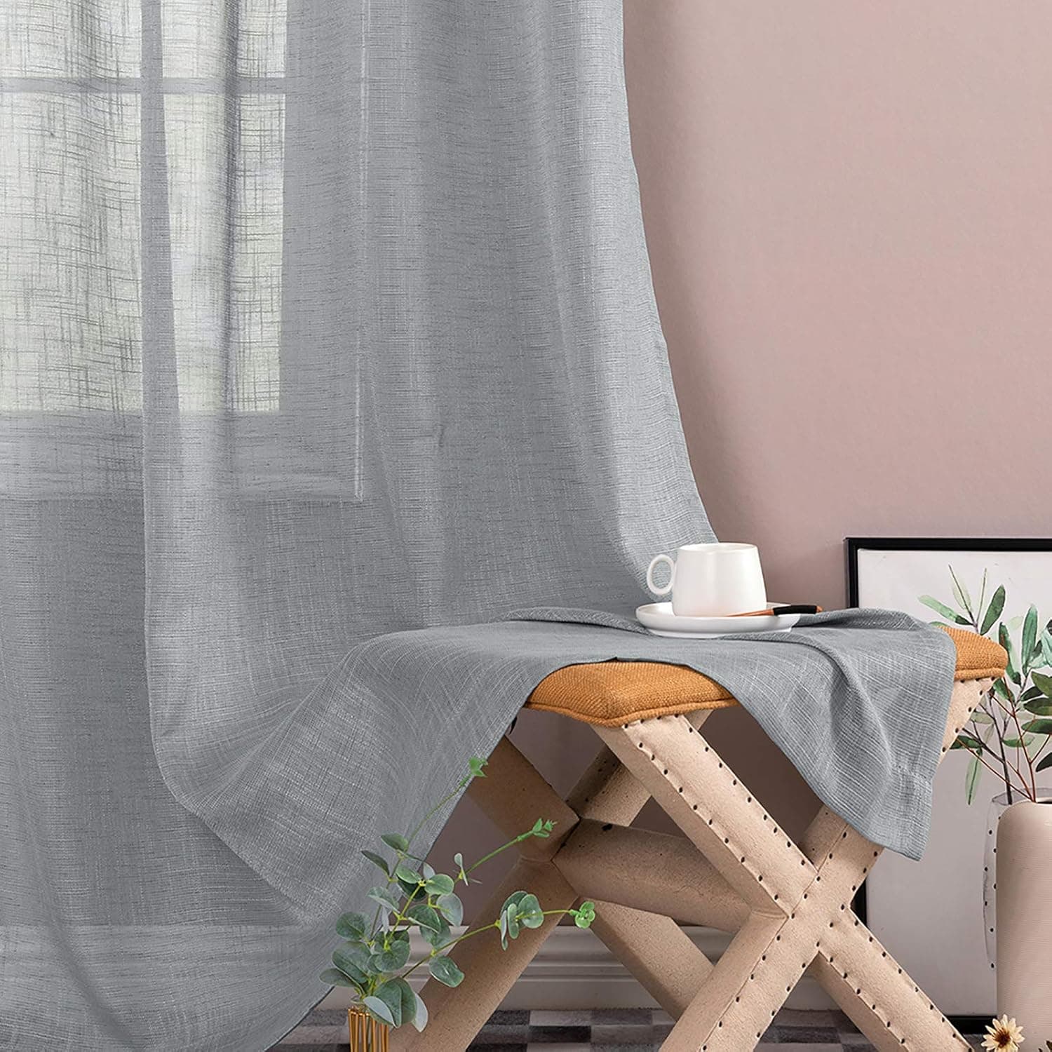 jinchan Sheer Curtains for Living Room 63 inch Long Pale Grey Curtains Grommet Top Faux Linen Curtains Open Weave Sheers Lightweight Voile Drapes Bedroom Window Curtain Set 2 Panels