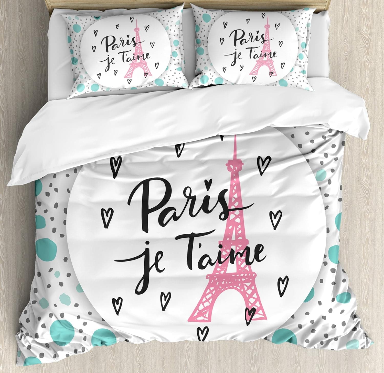 Ambesonne Paris Duvet Cover Set, I Love You Lettering Fashion Modern Background Europe Architecture, Decorative 3 Piece Bedding Set with 2 Pillow Shams, King Size, Turquoise Grey