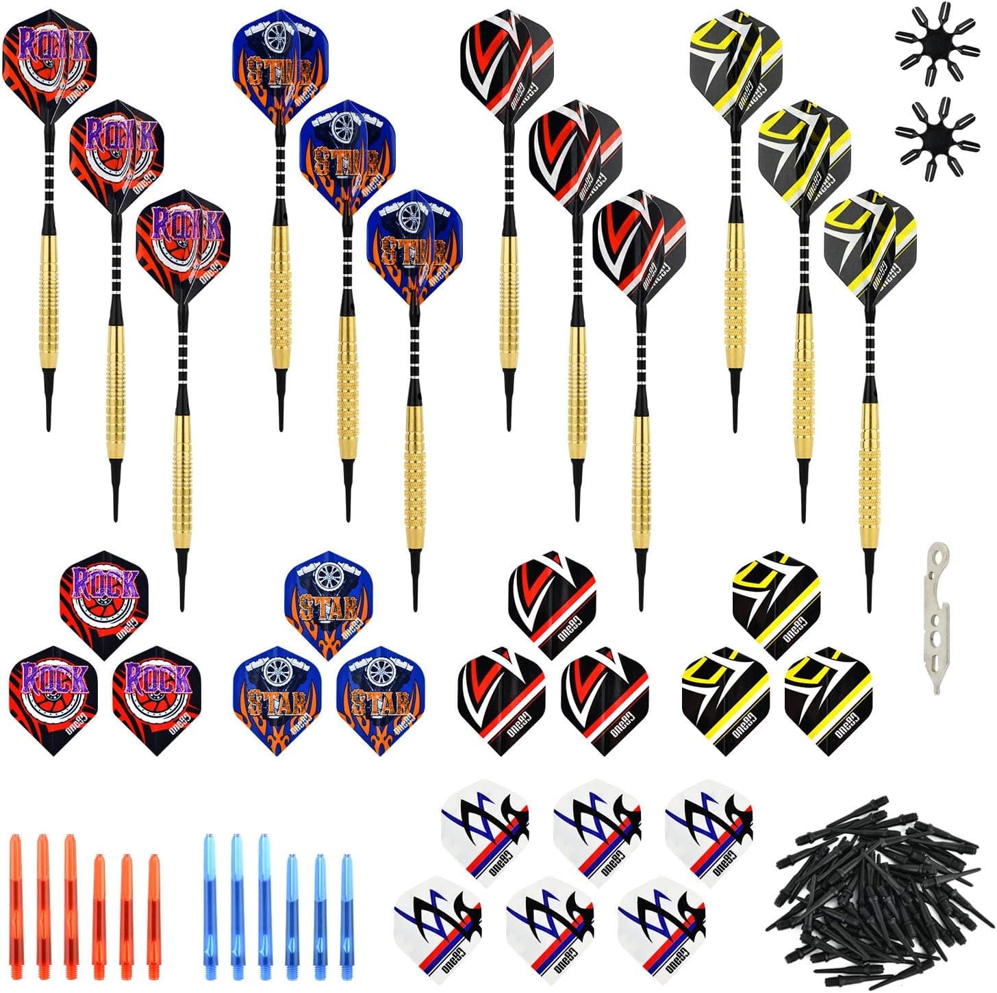 ONE80 Soft Tip Brass Darts Set, 12 Pack Golden Finish Brass Barrels, with Extra Flights, Spare Softtip Points, Strong Aluminum Shafts, Flight Protectors and Tool Kit