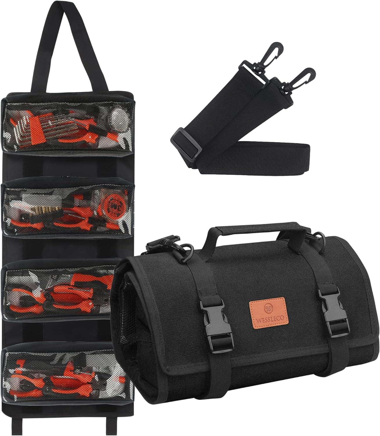 Wessleco Tool Roll, Wrench Roll Up Pouch Canvas Tool Roll up Bag, Multi-Purpose Wrench Tool Organize Storage,Hvac Tool Roll Bag with 4 Pockets(Black)