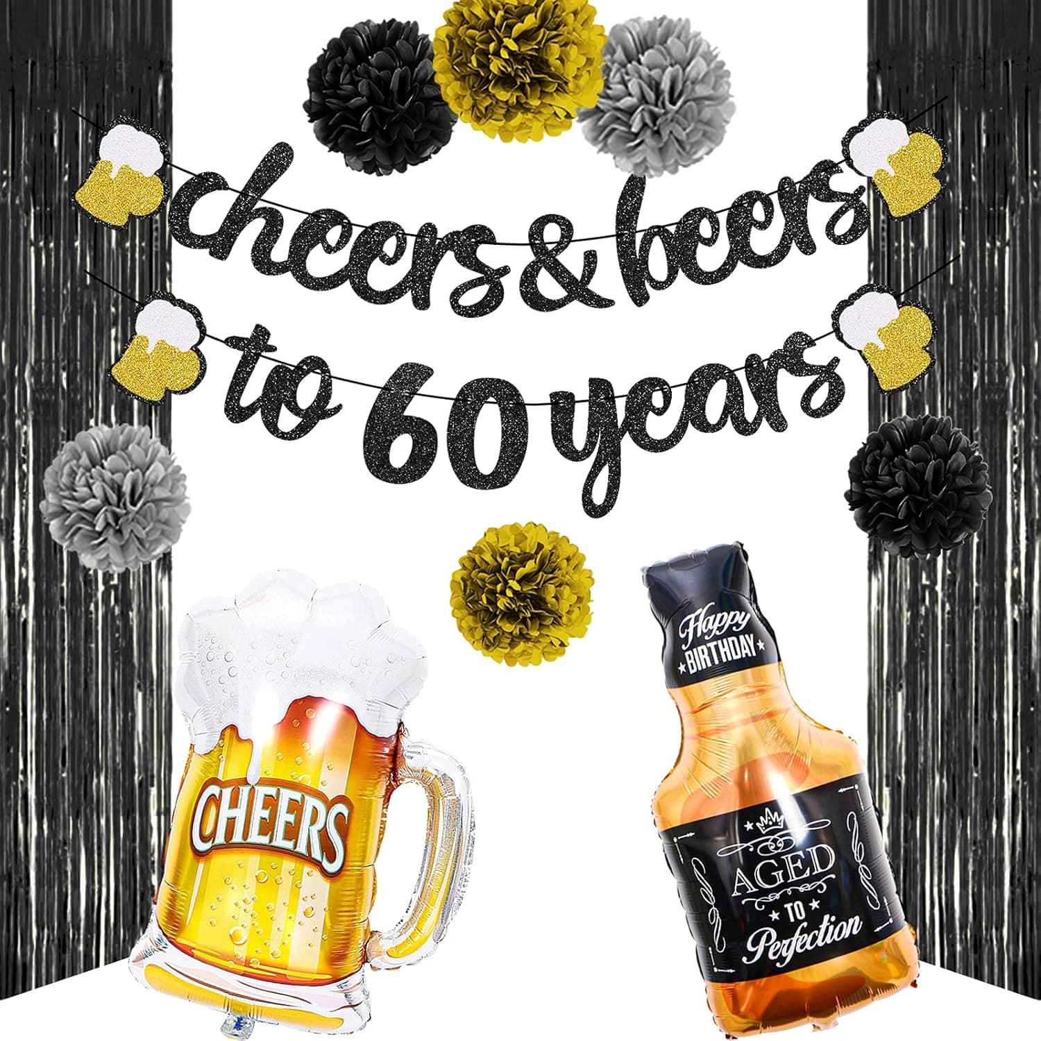 60th Birthday Party Decorations Cheers to 60 Years-Black and Gold with Glitter Banner Foil Balloon Paper Pom Poms Fringe Curtains Backdrop Decor for Men 60 Years Birthday Party Supplies
