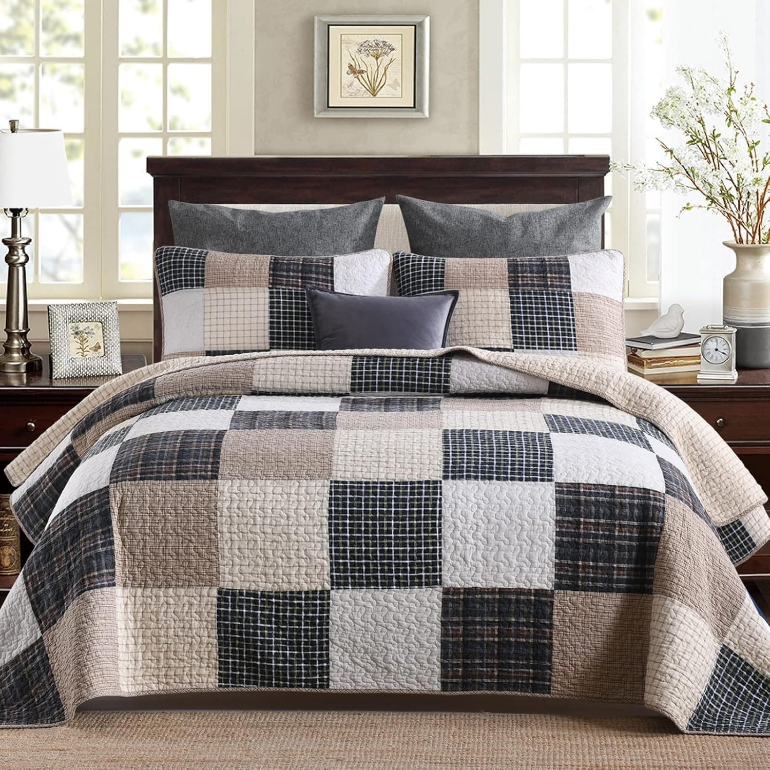PERHOM Cotton Quilt Queen Size - 100% Cotton Lightweight Bedspread, Brown Real-Patchwork Plaid Queen Quilt Bedding Set, All Season Soft Breathable Queen Comforter/Coverlet Set for Queen Bed, 3-Pieces