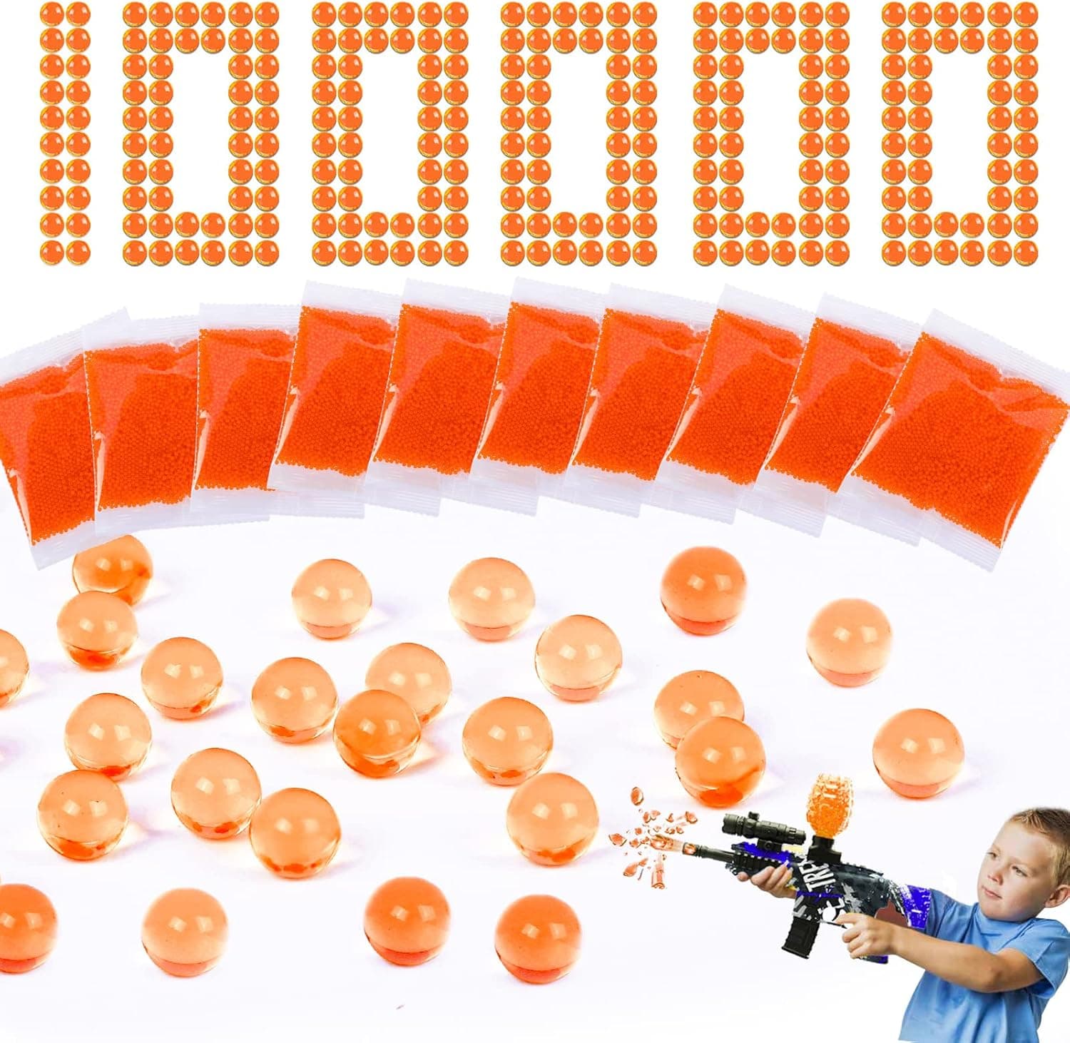 Water Ball Bead Refill Ammo Gel Ball Blaster Refill Ammo (7-8 mm, 10 Pack, 100,000) Compatible with Splatter Ball Toy Gun Ammo for Blaster Toy Ammo Water Ball, Orange