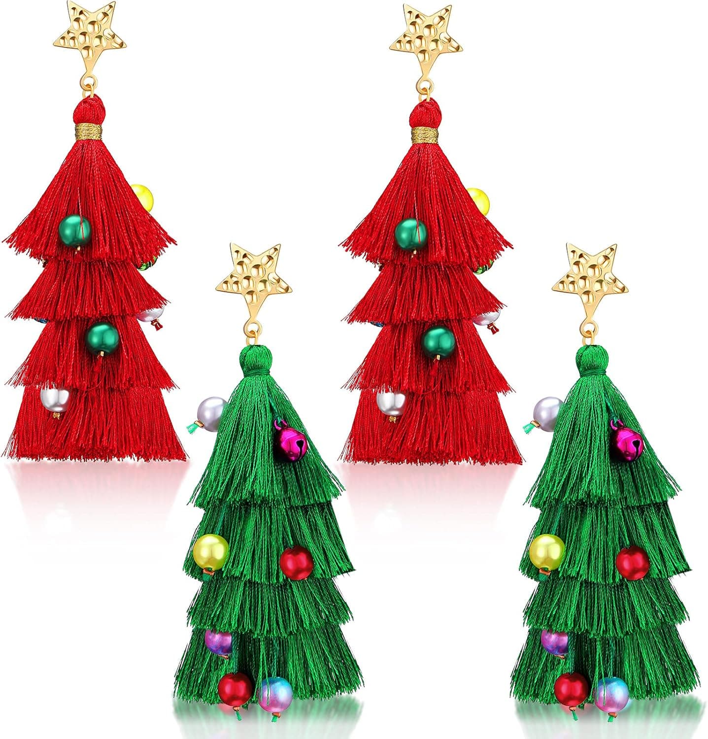 2 Pairs Christmas Tree Tassel Earrings Bohemian Layered Tassel Earring Dangle Drop Earrings Fringe Earrings with Xmas Bell Beads for Women Girls