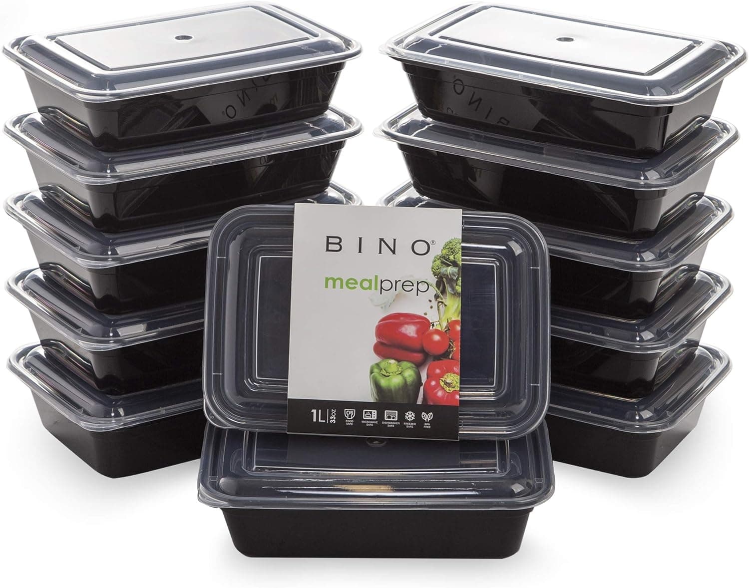BINO | Food Containers with Cover, Black 12-Piece Set | Meal Storage Containers with Lids | Microwave-Safe, Freezer-Safe, and Dishwasher-Safe Containers with Lids | BPA-Free Food Storage Set