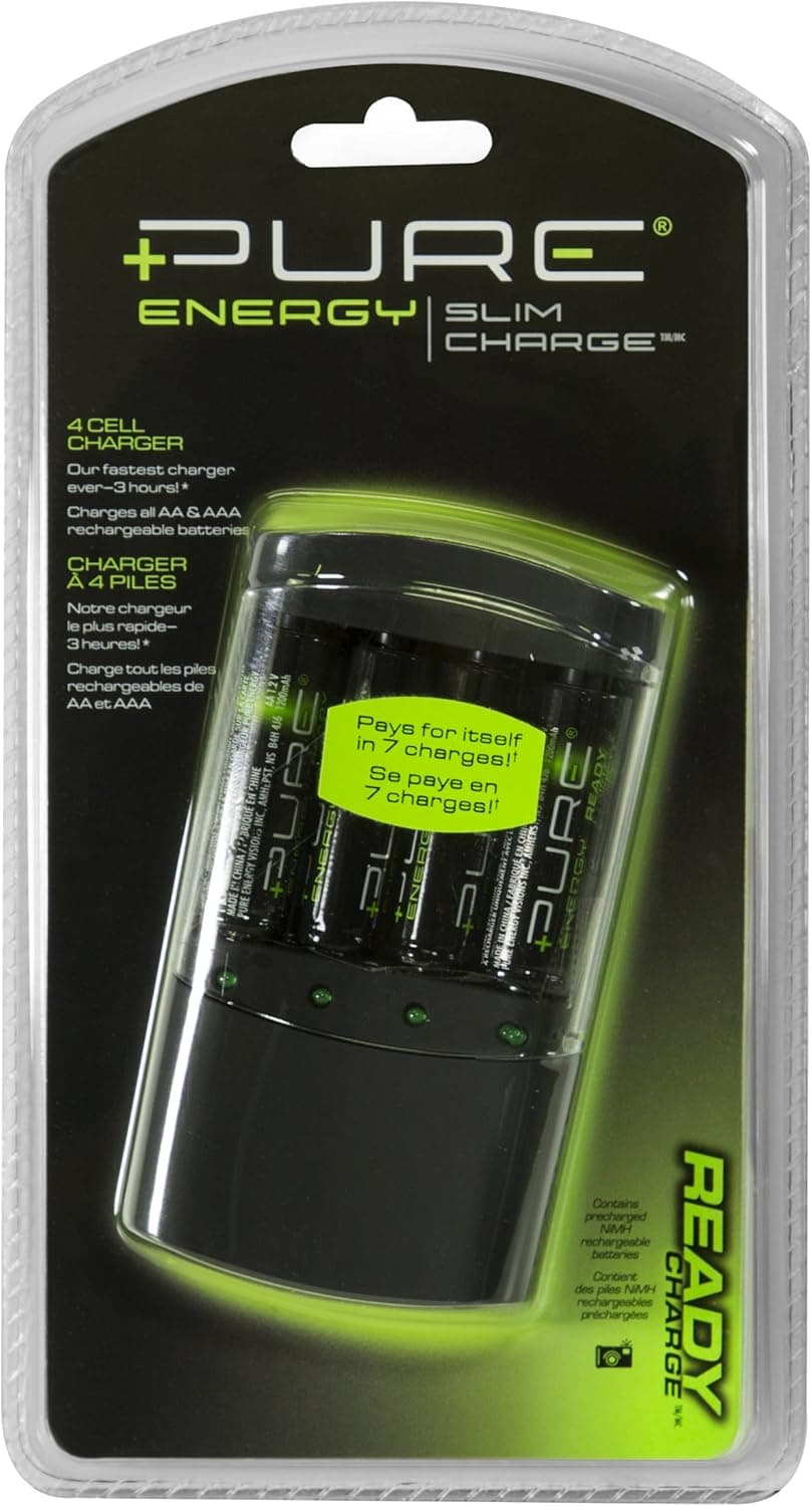 Pure Energy Slim Battery Charger with 4 pcs. AA NiMH Rechargeable Batteries