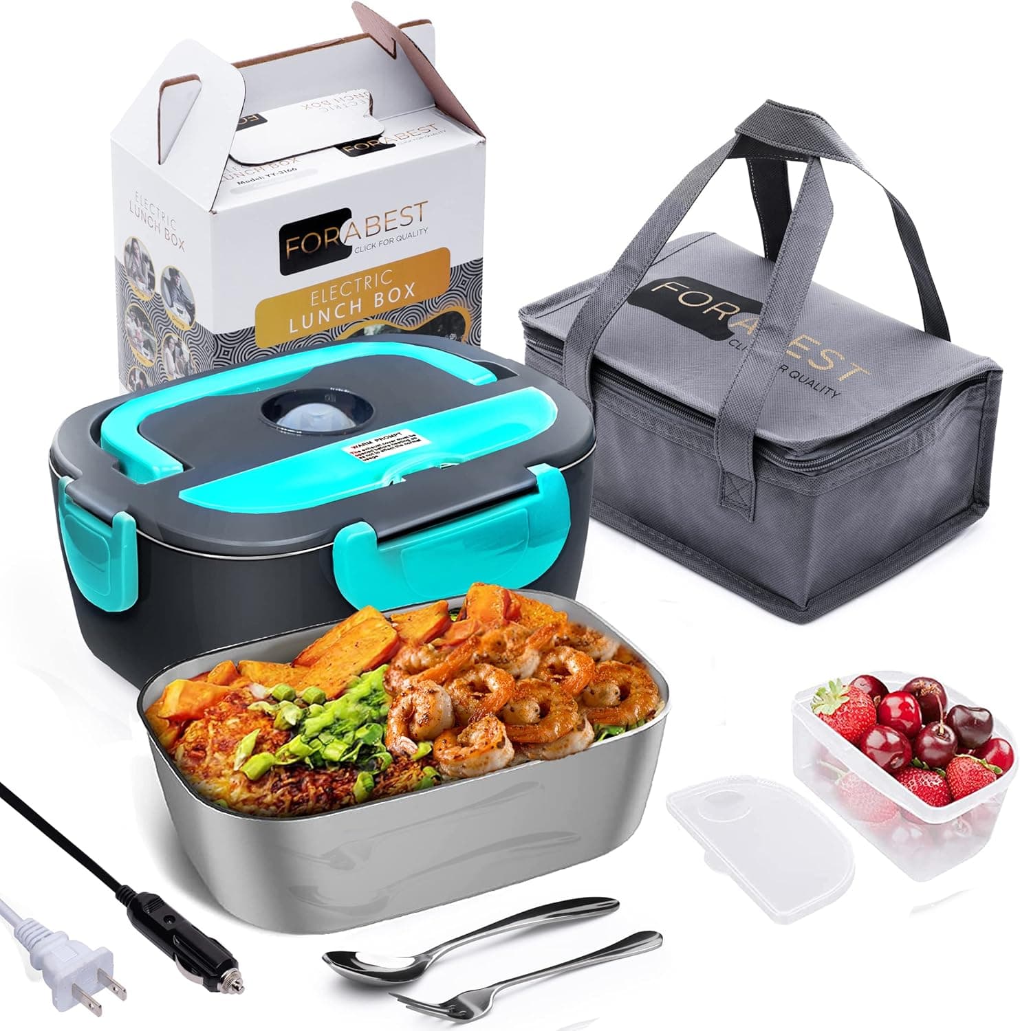 FORABEST Electric Lunch Box - Fast 60W Food Heater 3-In-1 Portable Food Warmer Lunch Box for Car & Home – Leak proof, 2 Compartments, Removable 304 Stainless Steel Container, fork, spoon and Carry Bag