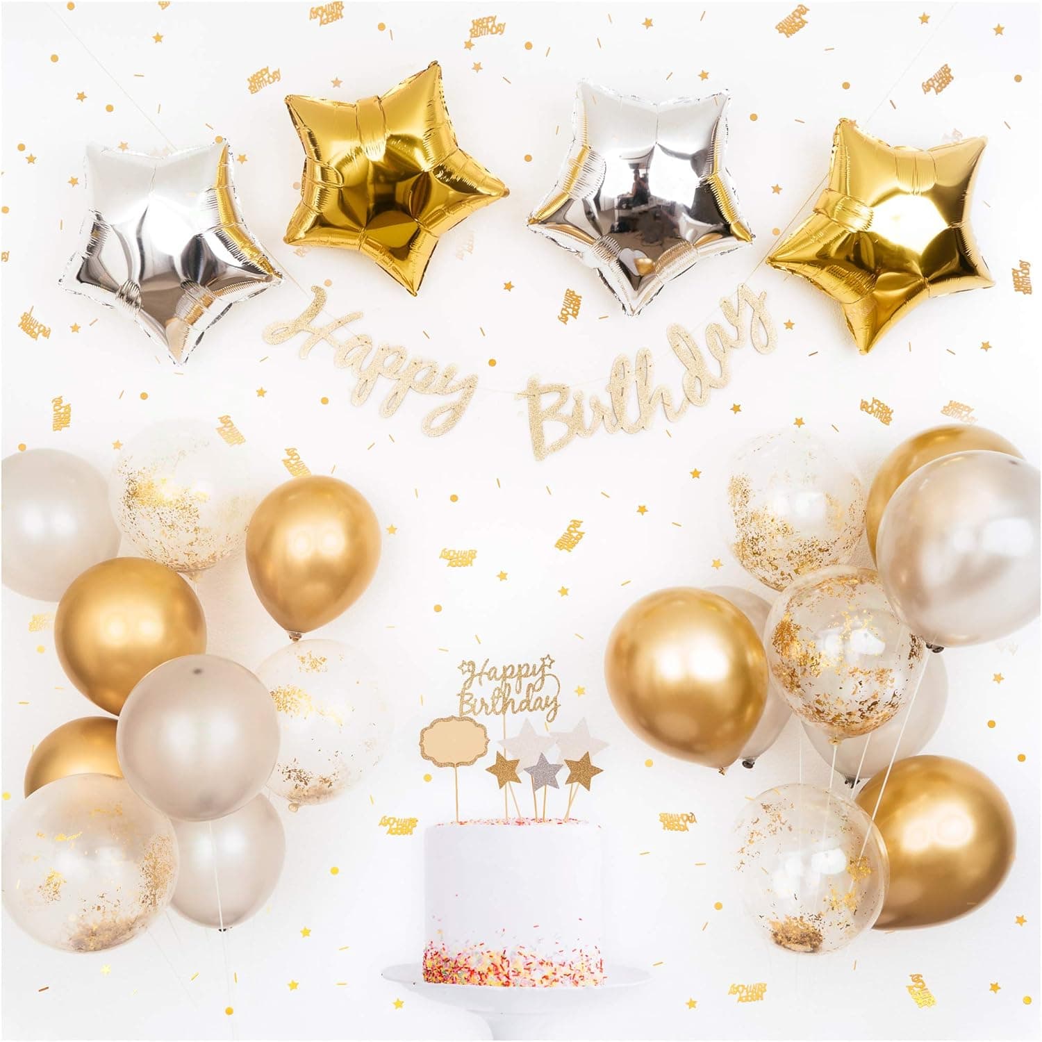 PapaKit Sparkling Gold Happy Birthday Party Decoration Set - 32 Piece Set (Bunting Banner, Cake Toppers, Confetti, Foil and Assorted Balloons)