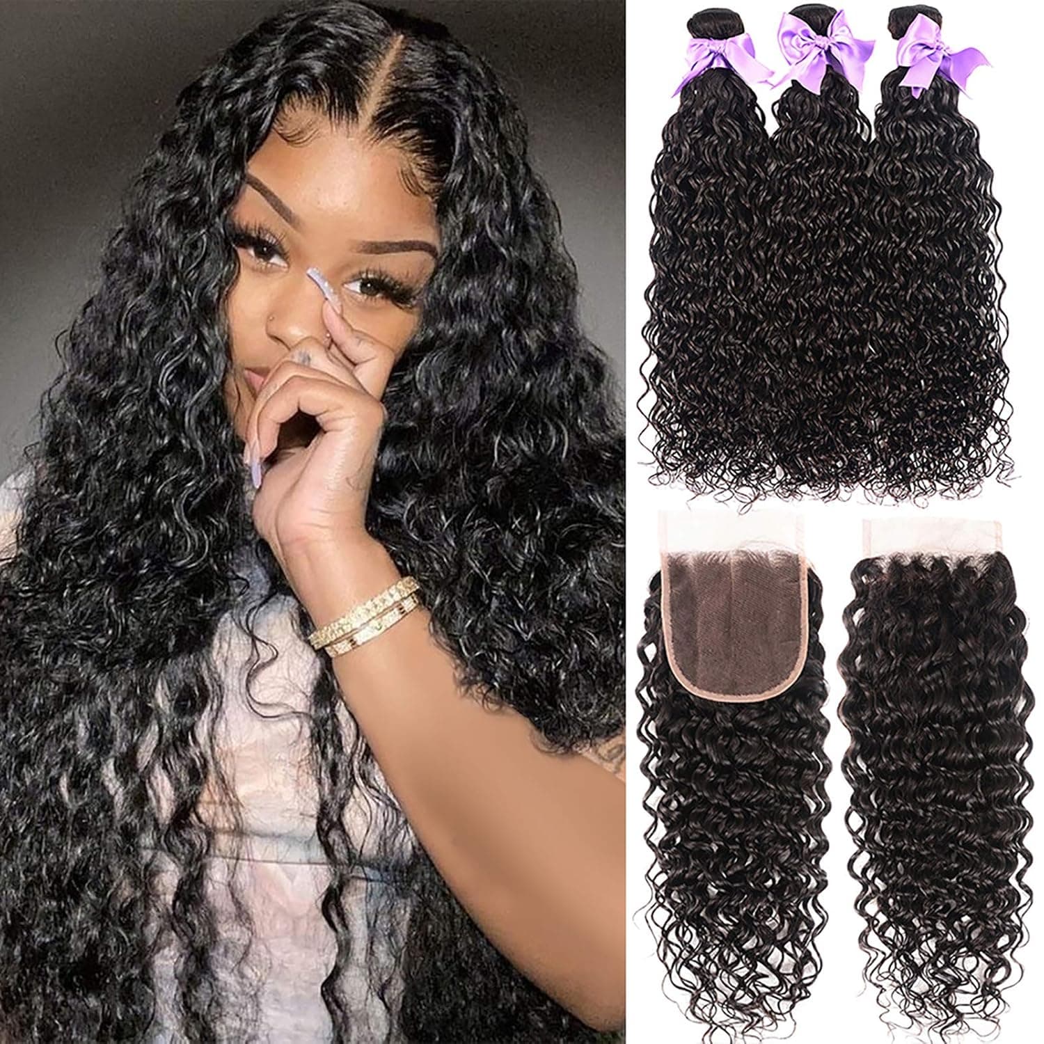 Water Wave Bundles With Closure Human Hair (18 20 22+16) Wet and Wavy Human Hair 3 Bundles with Closure 100% Unprocessed Deep Curly Human Hair Bundles With Closure Natural Black Color Laritaiya