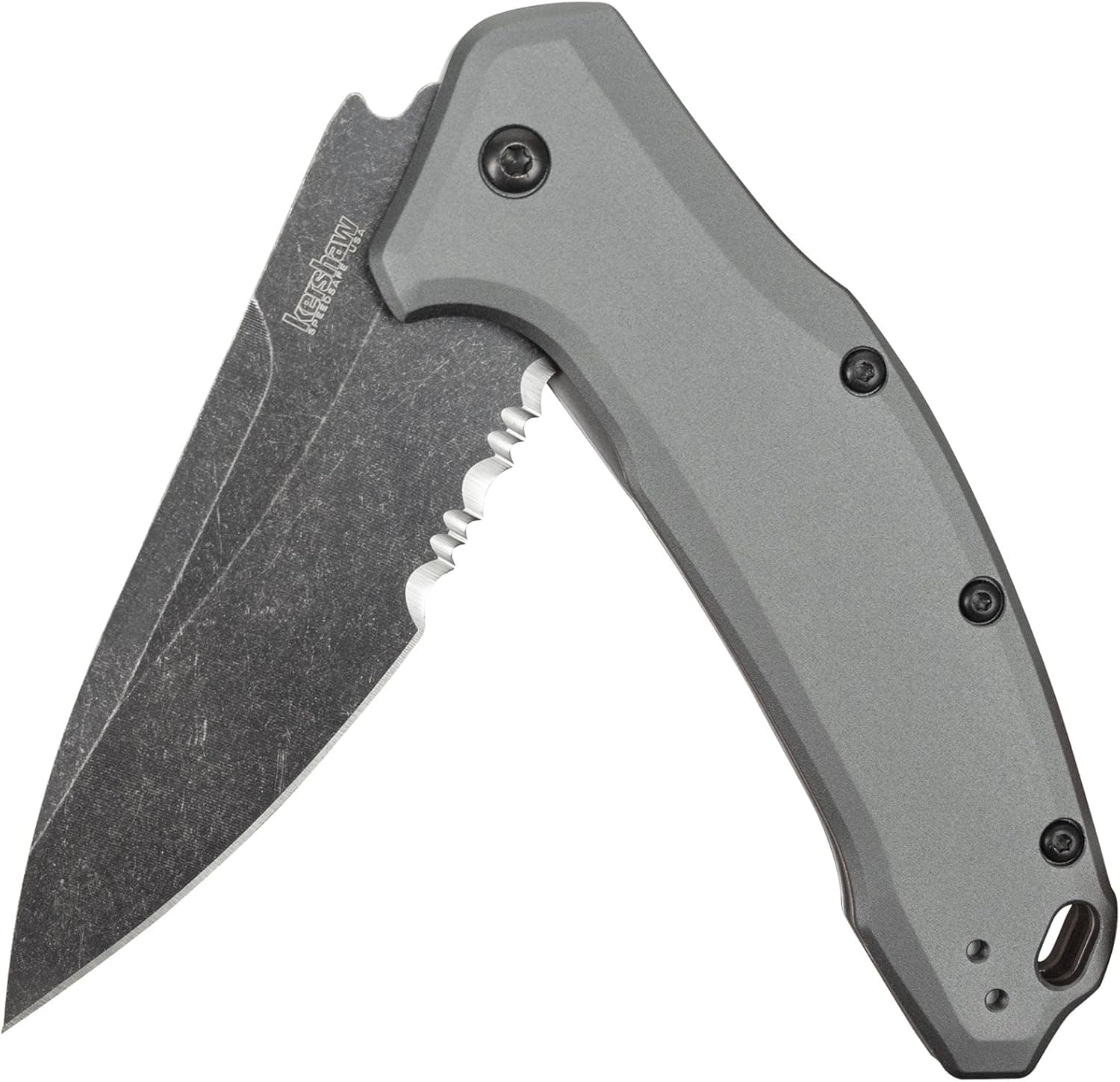 Kershaw Link Gray Aluminum Folding Pocket Knife (1776GRYBWST); 3.25” 420HC Stainless Steel Blade with Blackwash Finish, 2-Step Serration, SpeedSafe Opening, Liner Lock, Reversible Pocketclip; 4.8 OZ.