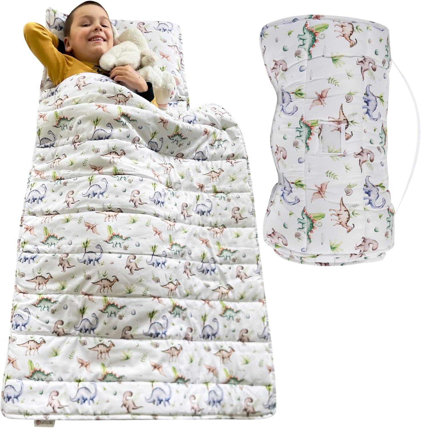 Toddler Nap Mat with Removable Pillow, Wide Blanket. Extra Soft, Long 55 * 21" Rolled Toddler Sleeping Bag. Kids Nap Mat for Preschool. Slumber Kindermat for Daycare, Sleepover, Travel. Age 3-7