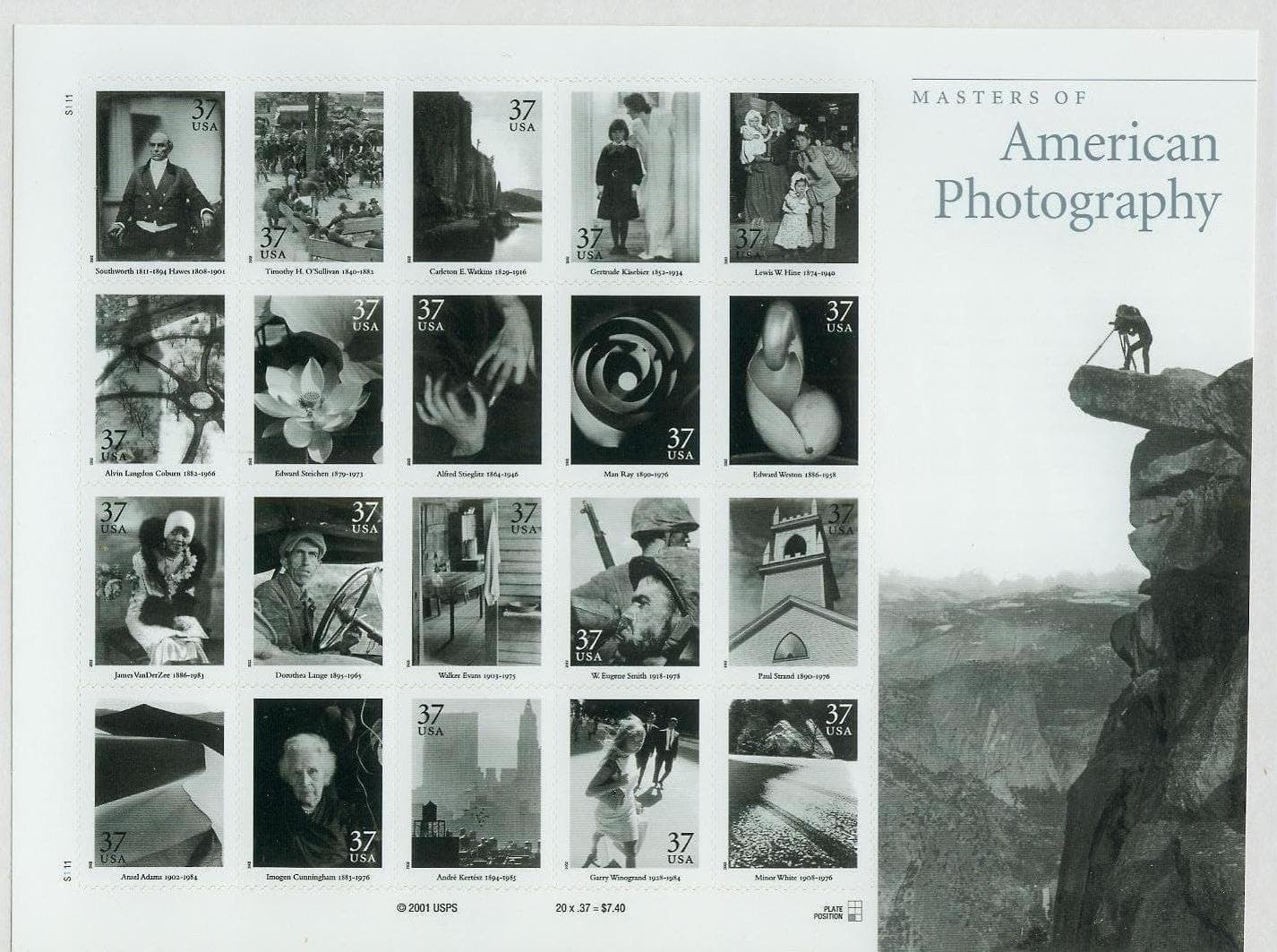 Masters of American Photography Collectible Sheet of 20 37 Cent Stamps Scott 3649