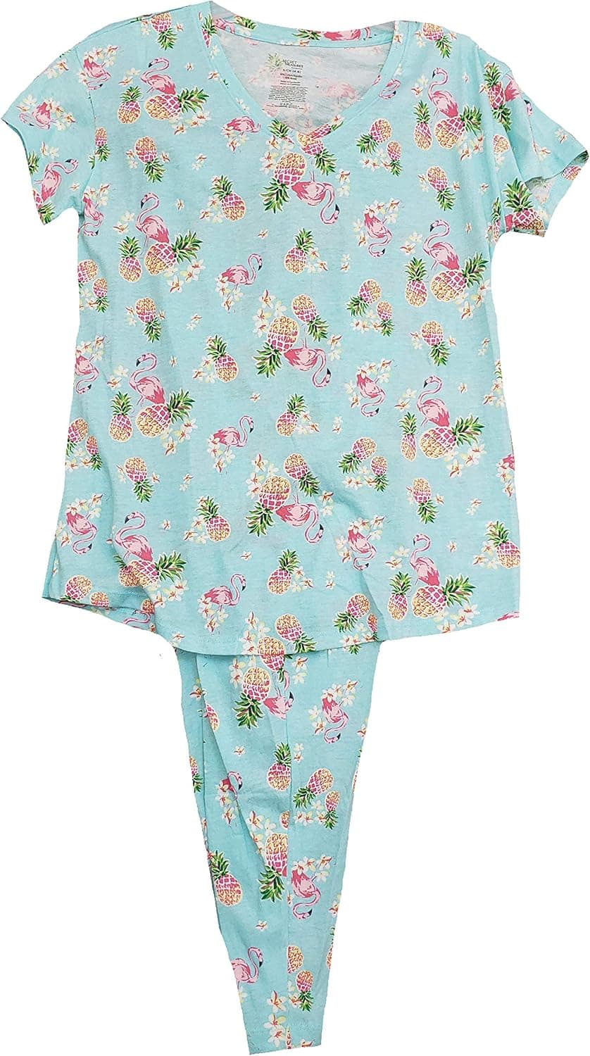 Pineapple Floral Pastel Turquoise Tee & Capri Knit Pajama Sleep Set - 3XL