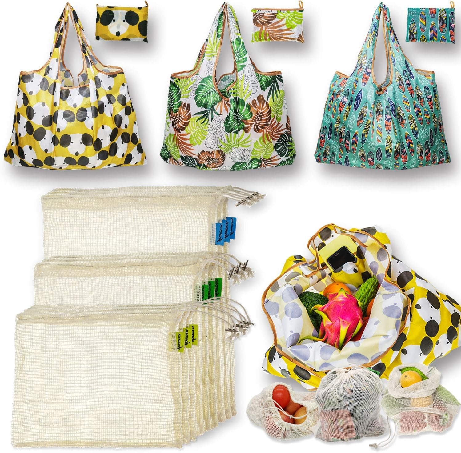 Kirababy YuanKanJu Reusable Produce Bags and Shopping Bags Set of 12 | 9 Pack Organic Cotton Mesh Bags with Drawstring and Tags + 3 Pack Foldable Grocery Tote Bags with Pouch