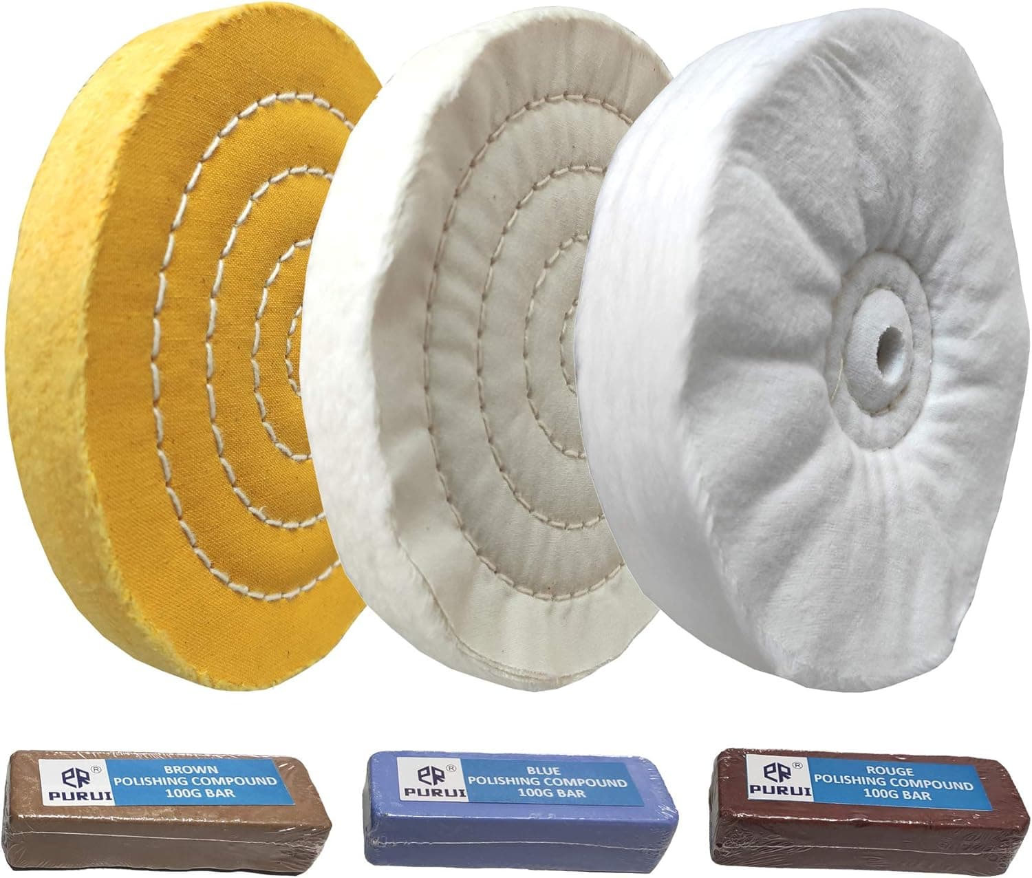 PURUI 6" Buffing Polishing Wheel With Polishing Compound Kit Used On Bench Grinder for Jewelry and Soft Metals-Includes 3PC 6" Buffing Wheels with 1/2" Arbor Hole and 3PC 100g Polishing compounds 6PC