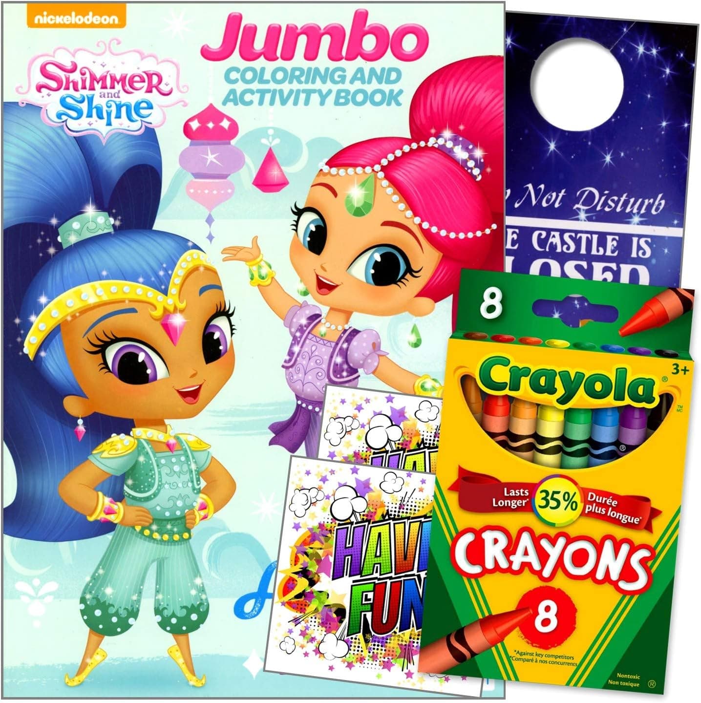 Shimmer and Shine Coloring Book and Crayons Bundle Includes Separately Licensed GWW Reward Stickers and Doorhanger for Girls