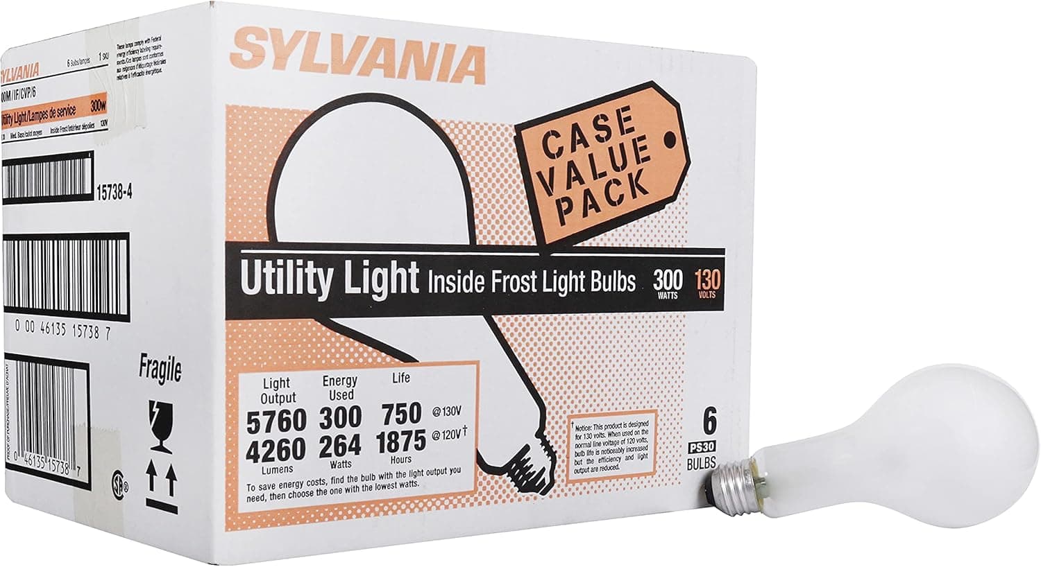 SYLVANIA Incandescent PS30 Utility Light Bulb, 300W, 5760 Lumens, 2850K, Frosted, Medium Base, 130 Volt, Commercial Value Pack - 6 Pack (15738)