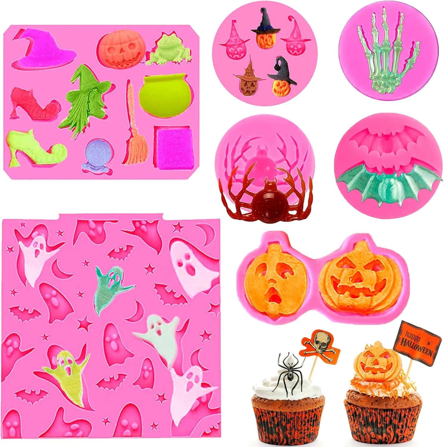 7 Pcs Halloween Fondant Molds, Mini Halloween Silicone Molds Pink Polymer Clay Molds for Chocolate Candy Baking Mold Skelton Hand Skull Pumpkin Spider Ghost Witch Mold for Halloween Party Cupcake