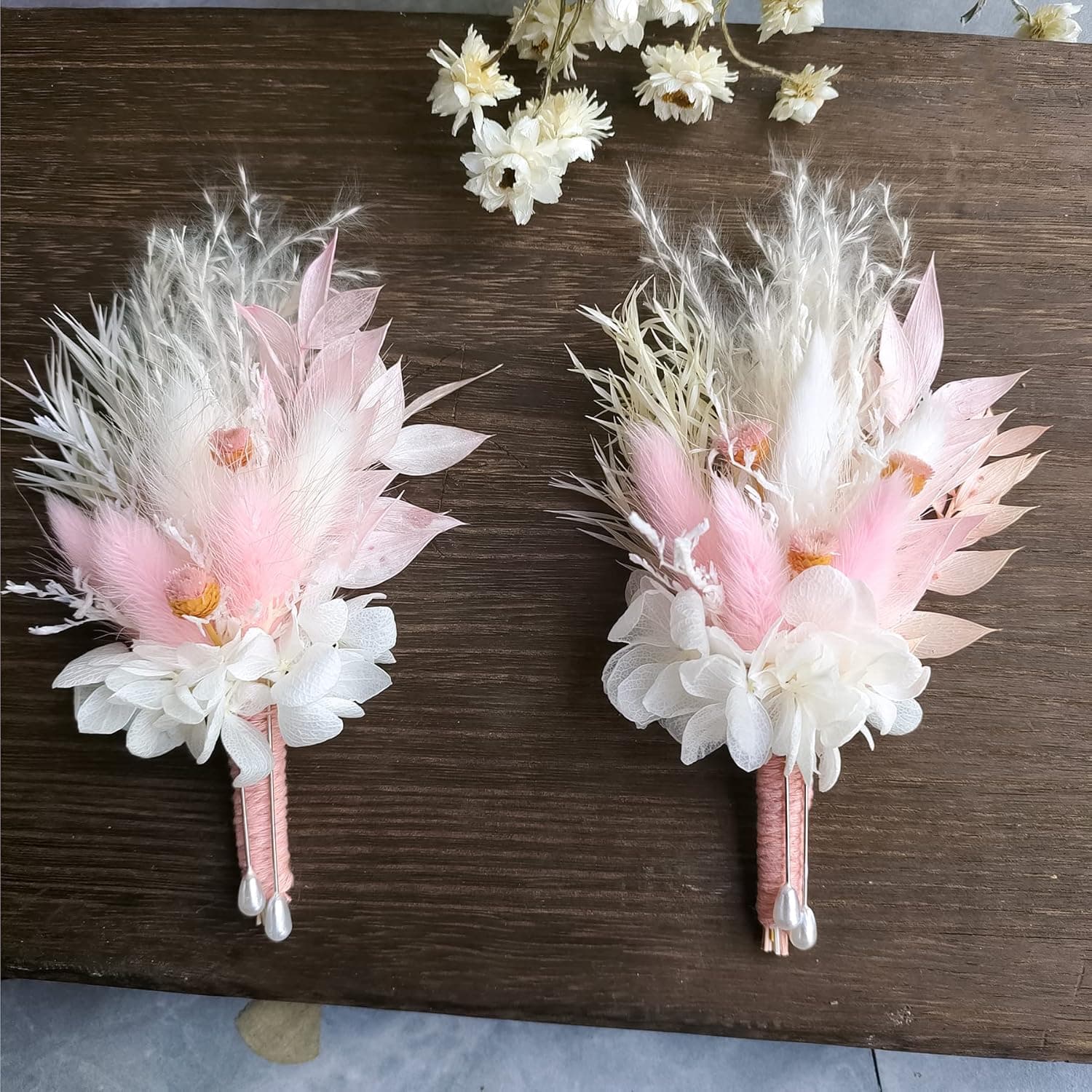 Dried Flowers Boutonniere for Men Wedding 2 Pieces Set Boho Pampas Groom Boutonniere Rustic Wedding Decorations. (Pink)