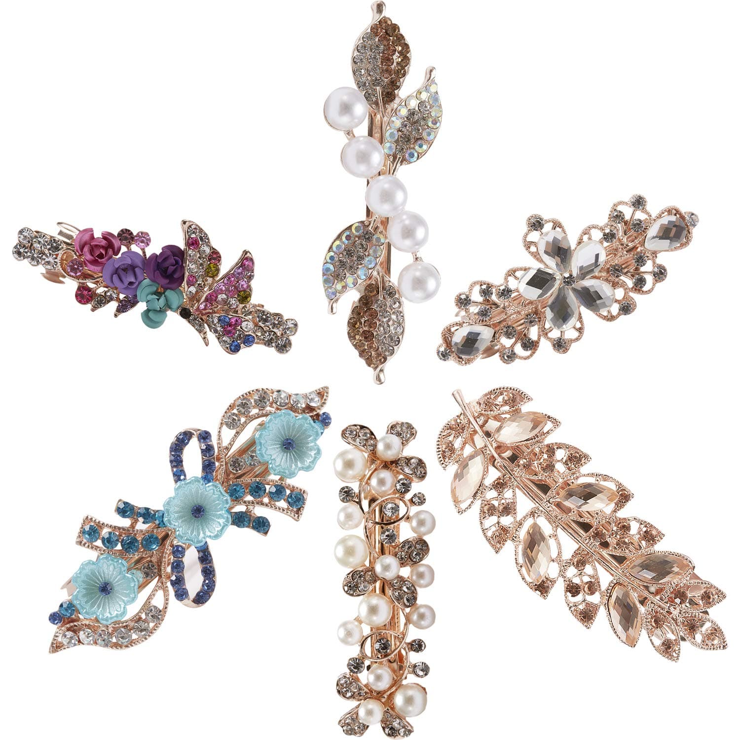 6 Pack Large Delicate Floral Jeweled Crystal Rhinestone Pearl Glitter Sparkly Gold Metal Snap Hair Clips Hairpins Dressy Barrettes Clamps Hairpins Hair Holder Headpiece Accessories for Women Girl
