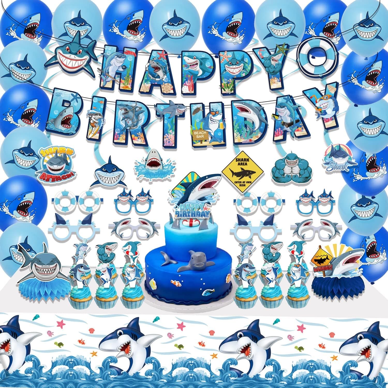 Shark Themed Birthday Party Decorations, Shark Birthday Party Supplies, 70 PCS Shark Party Decors For Boys, Include Ocean Happy Birthday Banner, Shark Paper Glasses, Shark Centerpieces, Shark Hanging Set