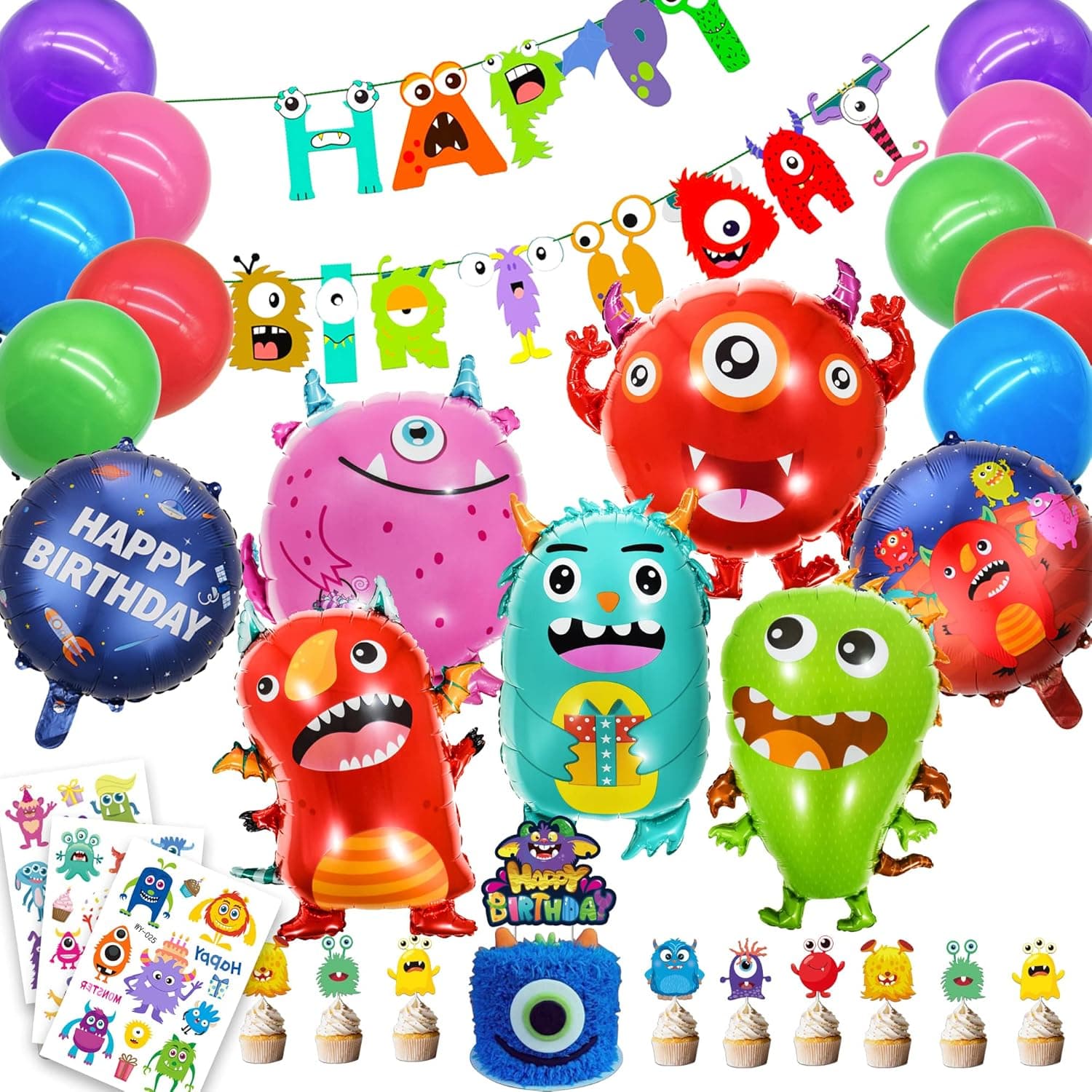 Monster Birthday Party Supplies, Monster Party Decorations - Monster balloons, cupcake & cake toppers, birthday banner, tattoos