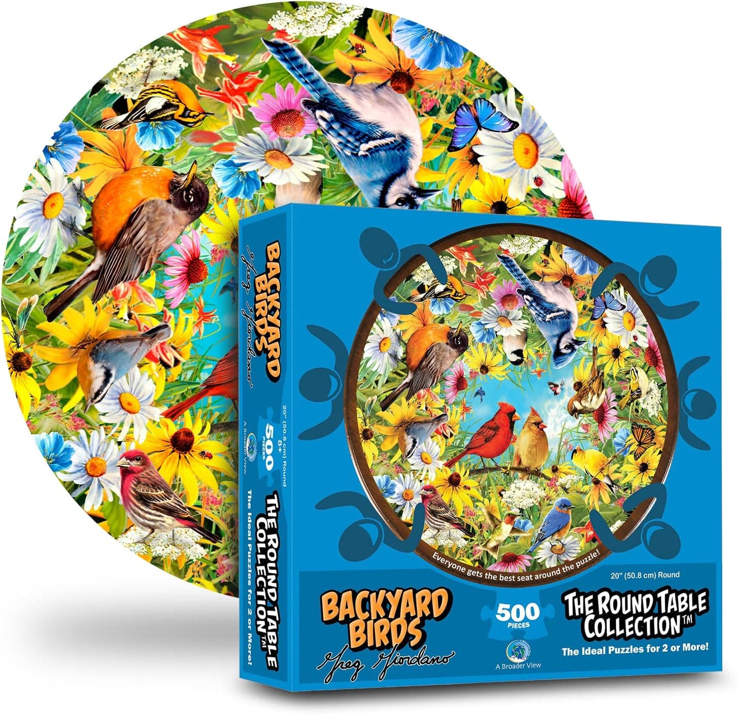 A Broader View Backyard Birds Round Table Puzzle - 500 Pieces, Jigsaw Puzzles for Adults & Kids, Suitable for Groups of 2 or More, Everyone Gets The Best Seat at The Table, Incl. 12x12” Poster